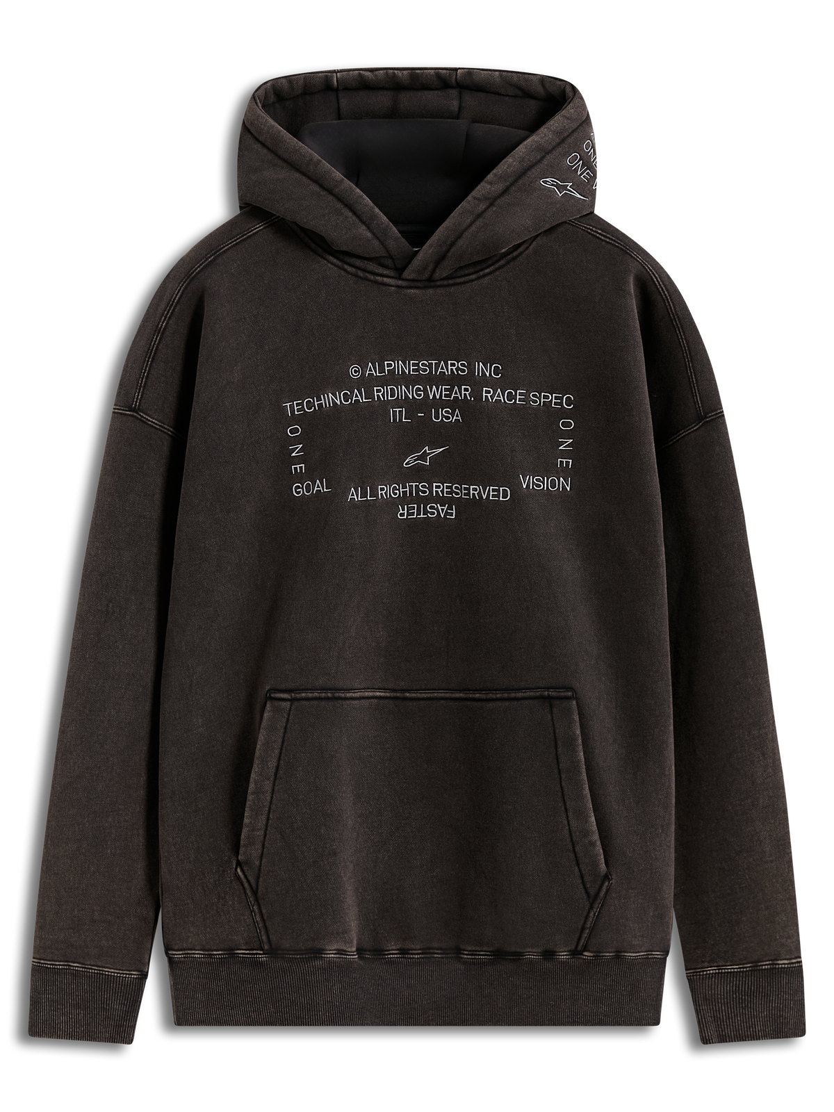Alpinestars Infinite Washed Oversized hoodie, gewassen zwart sneeuwwassing fleece, geborduurde logo's en kangoeroezak.