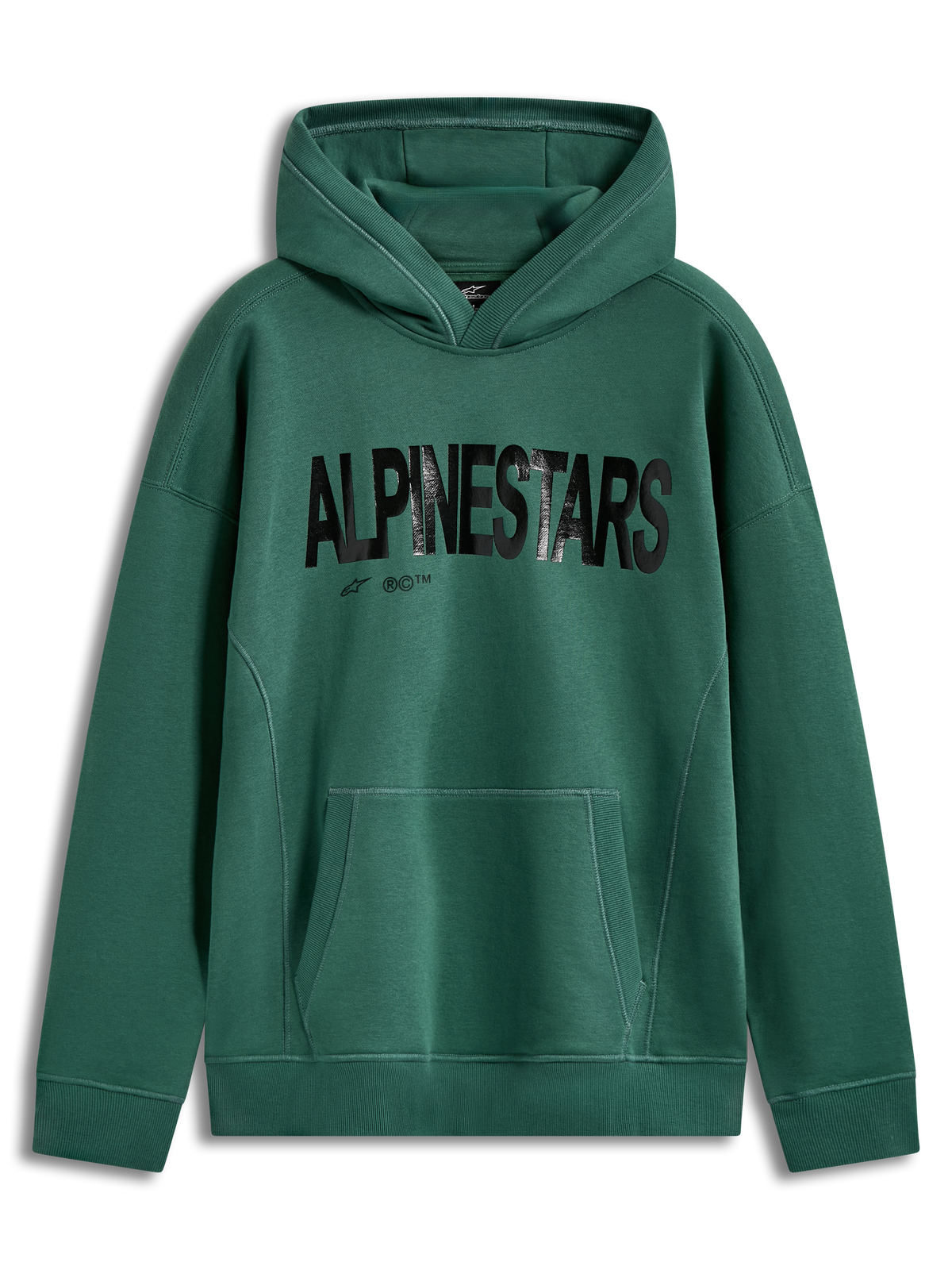 Alpinestars Shaw Oversized Hoodie in Green, unisex sportswear fleece featuring a black textured word logo and kangaroo pocket.