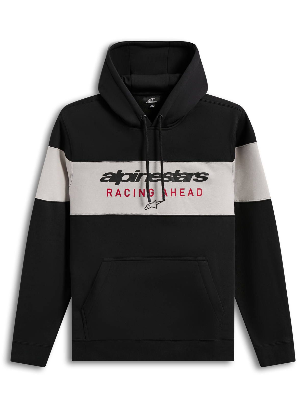 Alpinestars Cubic Hoodie, zwart en grijs kleurgeblokte fleece pullover met Racing Ahead-logo en kangoeroezak.