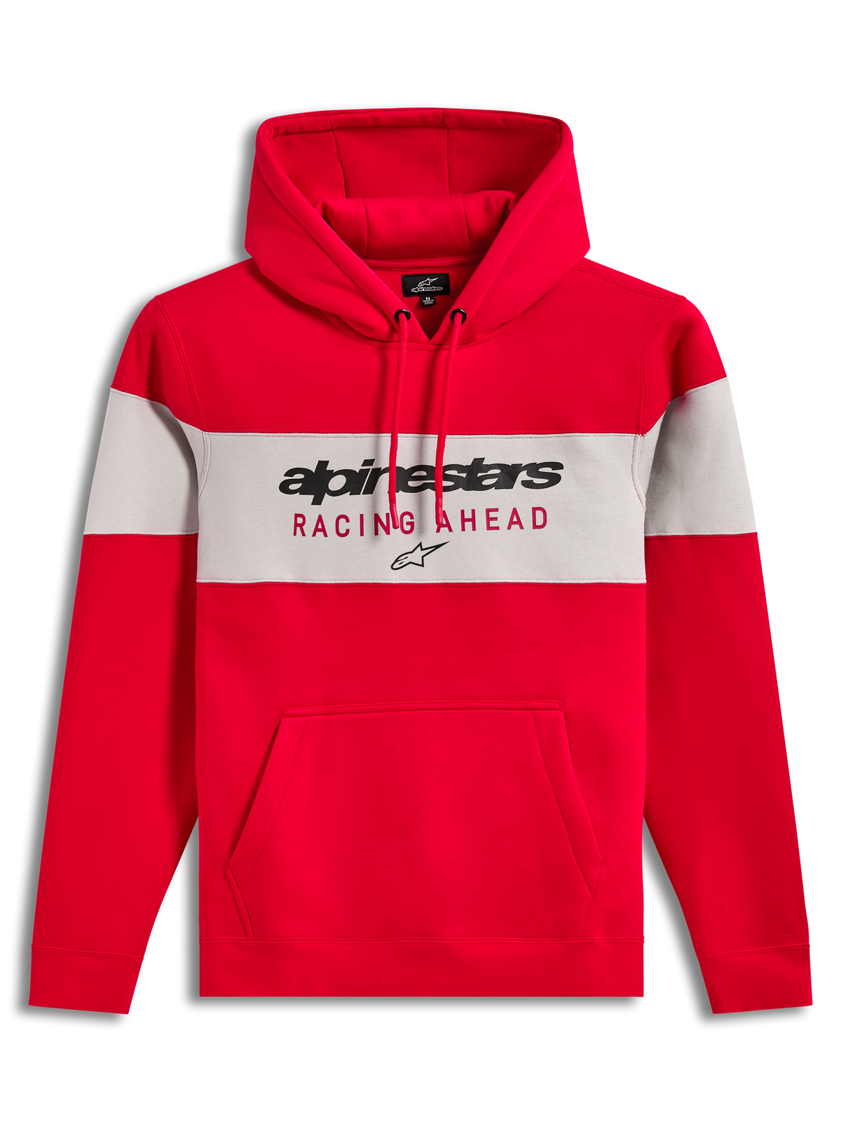 Alpinestars Cubic Hoodie, rood en grijs kleurgeblokkeerde fleece pullover met woordmerk-logo en kangoeroezak.