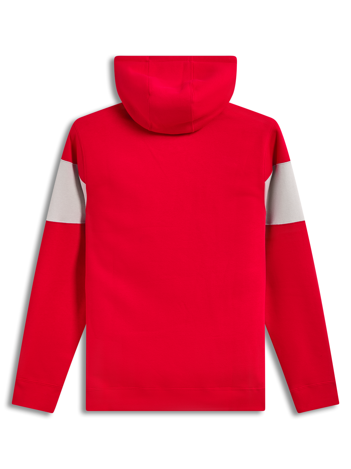 Alpinestars Cubic hoodie, rood en grijs kleurgeblokkeerde fleece hoodie, achteraanzicht met geribde boorden en zoom.