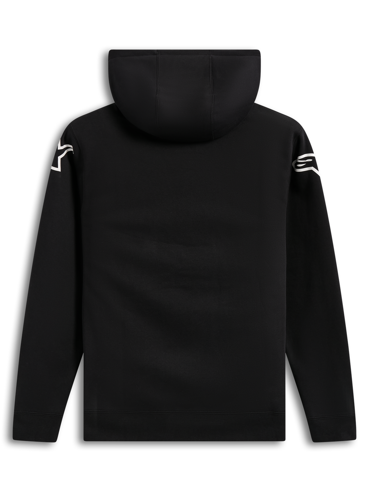 Alpinestars Velocifier Hoodie, black unisex pullover fleece, back view featuring white Astars shoulder logos and a hood.