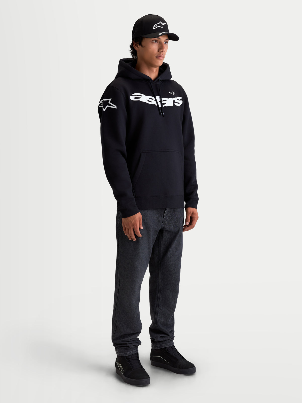 Alpinestars Velocifier Hoodie, Men's Sportswear Pullover Fleece, Black and White, featuring a curved Astars wordmark on the chest and logos on the shoulders, premium cotton-blend construction for casual off-bike motorsport style