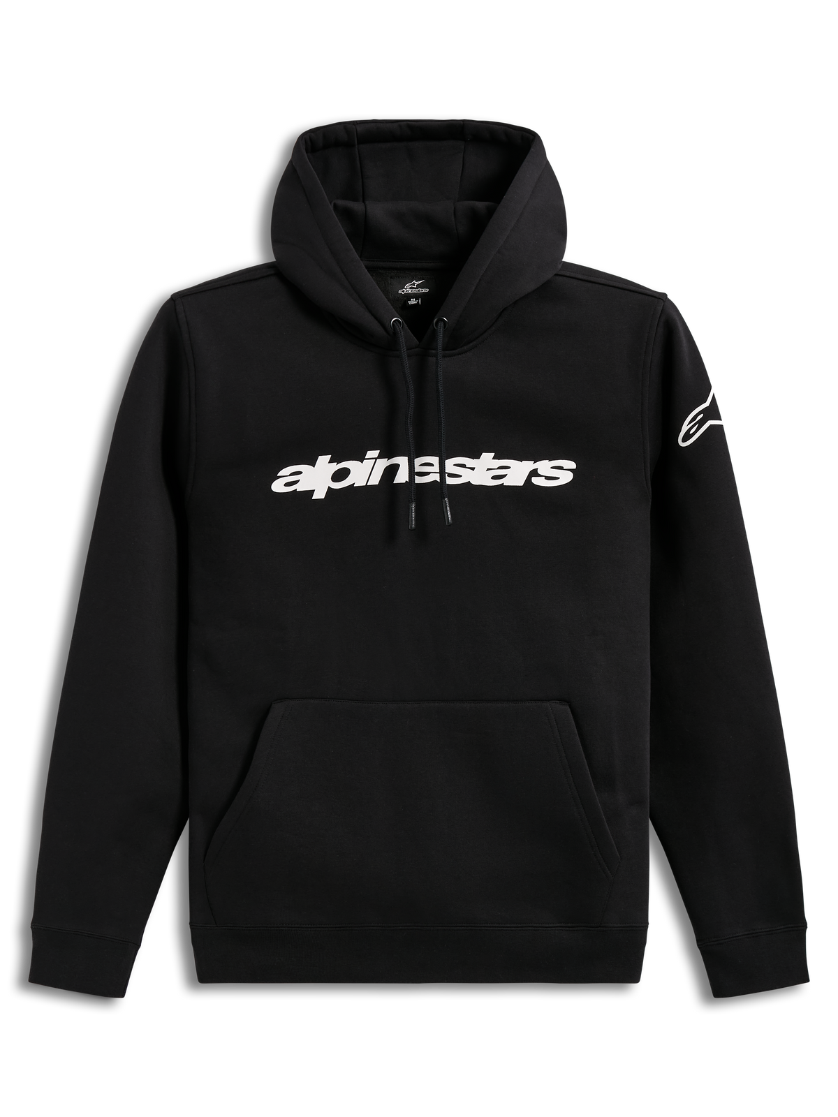 Alpinestars Race Wordmark hoodie, zwarte sportkleding pullover met wit lineair borstlogo en ageless-logo op de mouw.