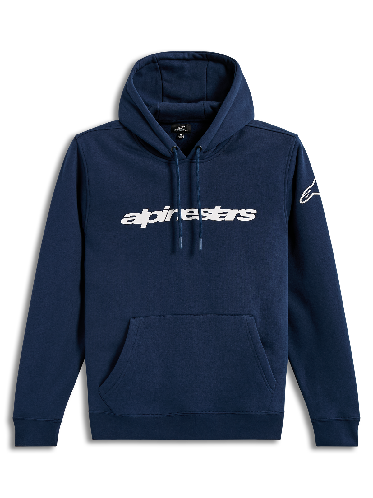 Alpinestars Race Wordmark hoodie, donkerblauwe en witte fleece pullover met capuchon, kangoeroezak en logo op de borst.