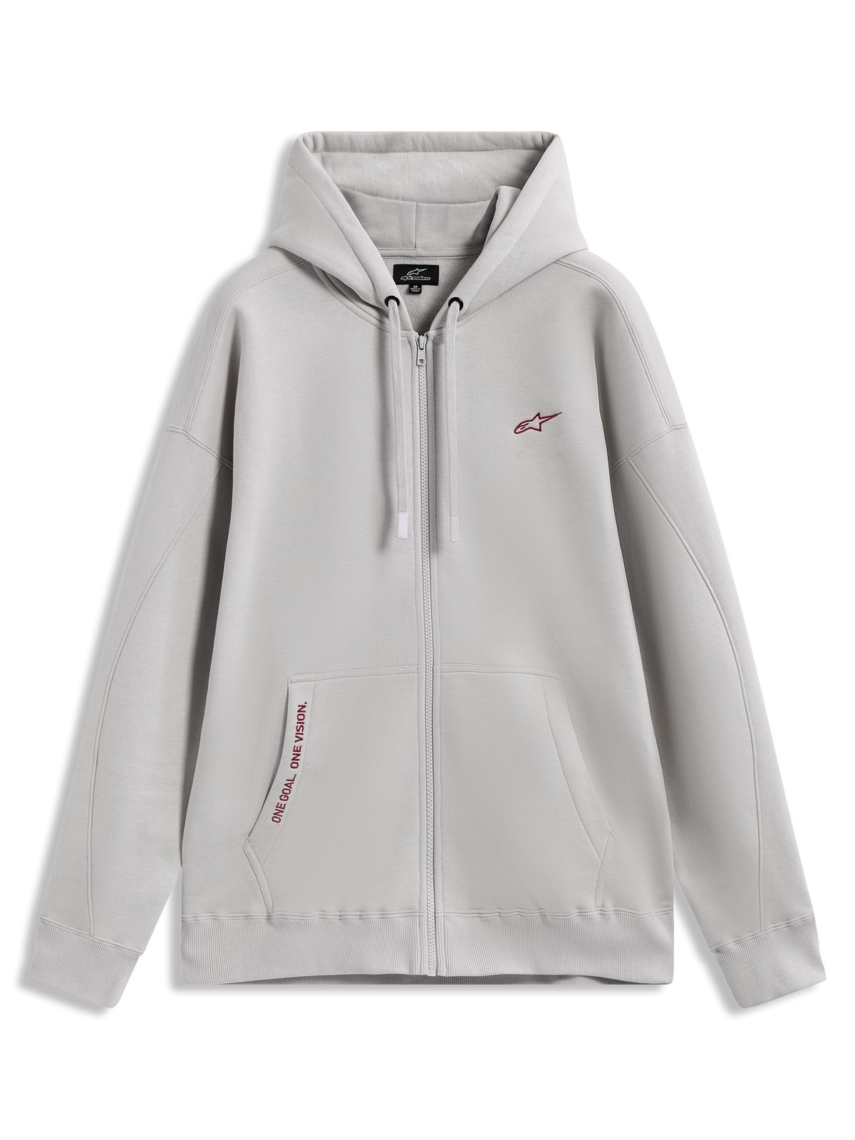 Alpinestars Pioneer Oversized Hoodie, grijze sportswear fleece met ritssluiting, rode logo-accenten en kangoeroezak met tekstborduring.