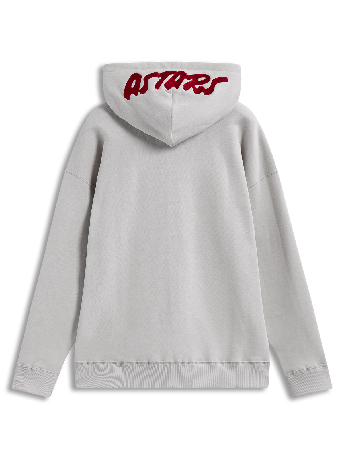 Alpinestars Pioneer Oversized hoodie, zandkleurige fleece hoodie met een rood geborduurd Astars-logo op de capuchon, sportswear kleding.