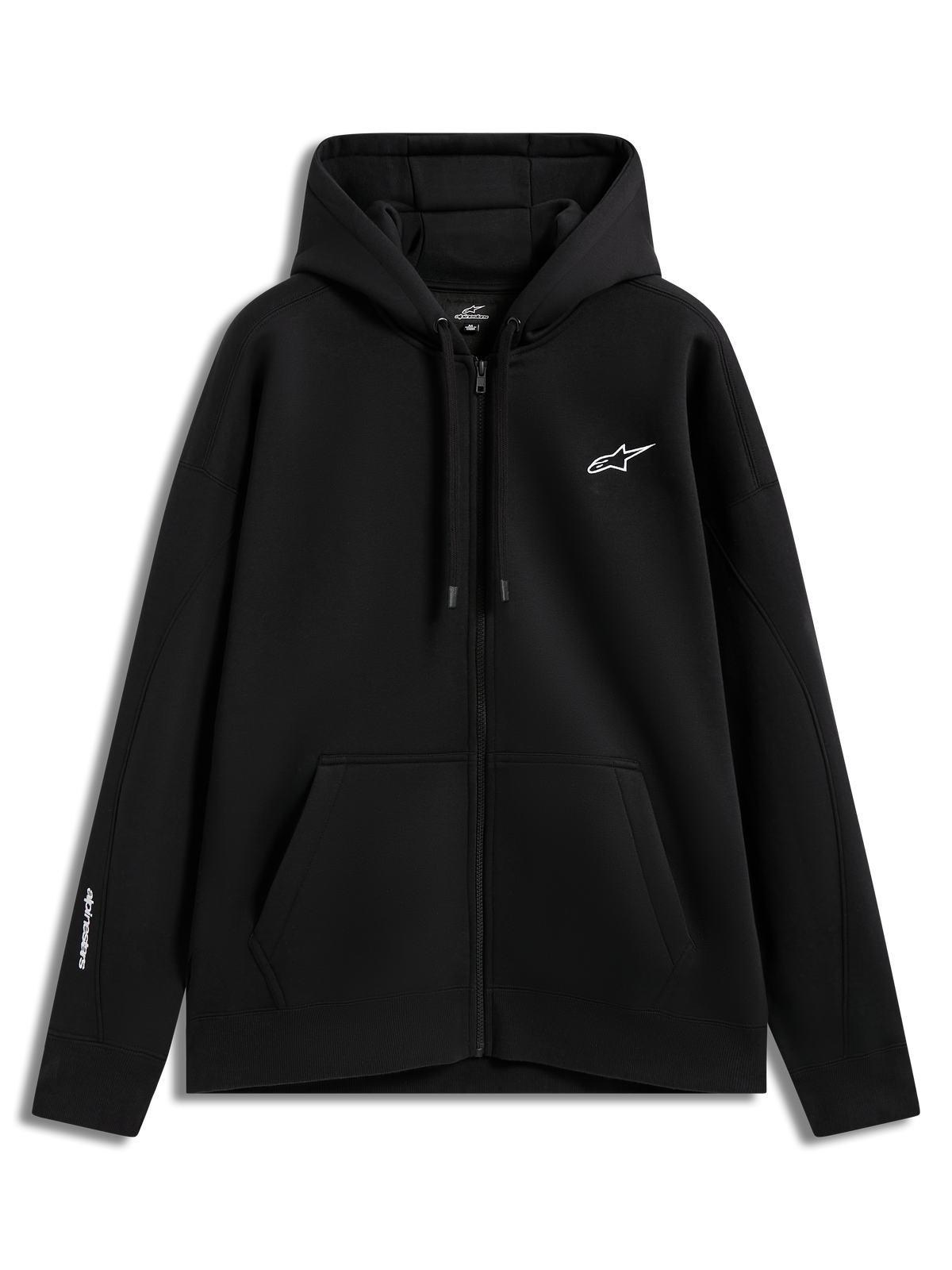 Alpinestars Entity oversized hoodie, zwart fleece vest met ritssluiting, wit geborduurd logo en kangoeroezak, sportswear