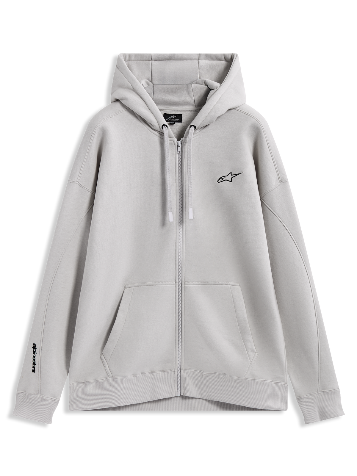 Alpinestars Entity Oversized Hoodie, fleece sportswear met ritssluiting, zandkleur, kangoeroezak en geborduurde logo's.