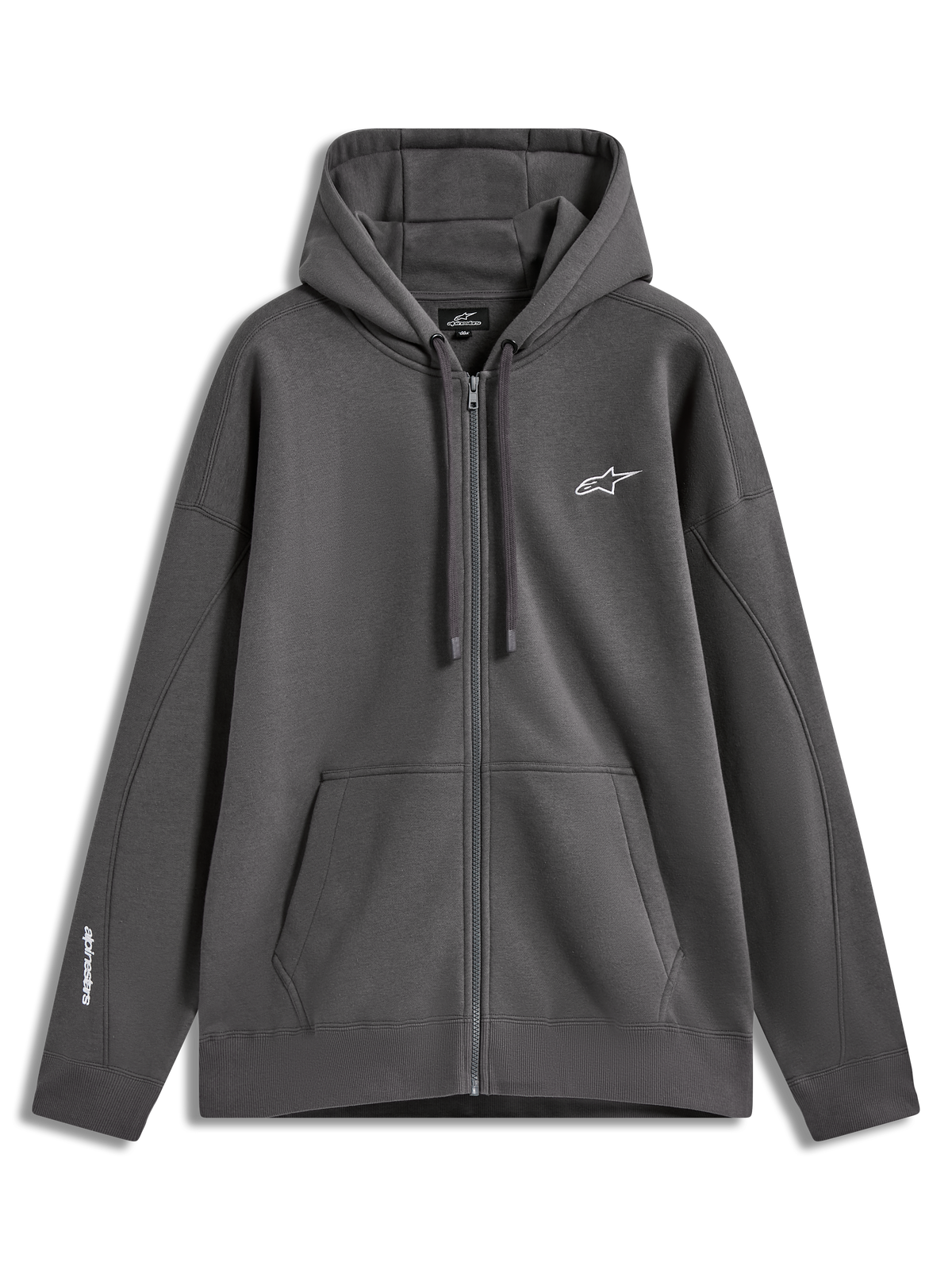 Alpinestars Entity Oversized Hoodie, grijze fleece sportswear met ritssluiting, wit geborduurd logo en kangoeroezak.