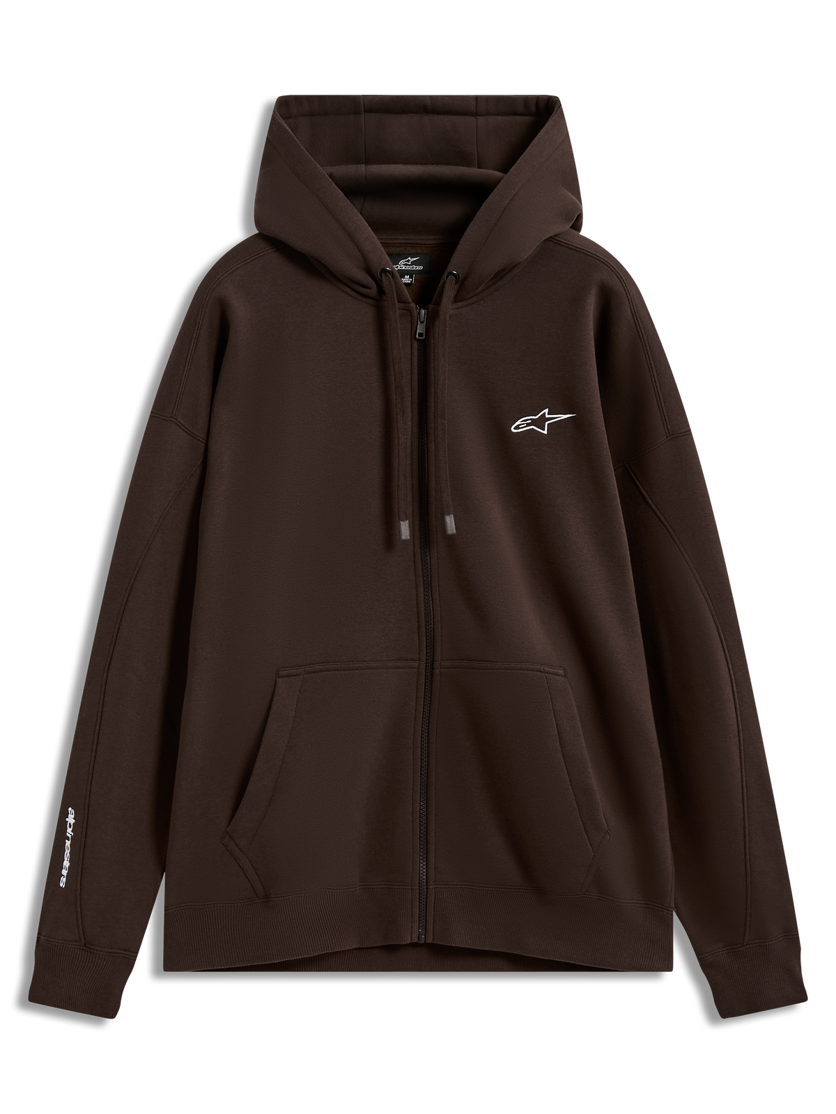 Alpinestars Entity Oversized hoodie, bruine sportswear fleece met ritssluiting, witte logo's op borst en mouw en kangoeroezak.
