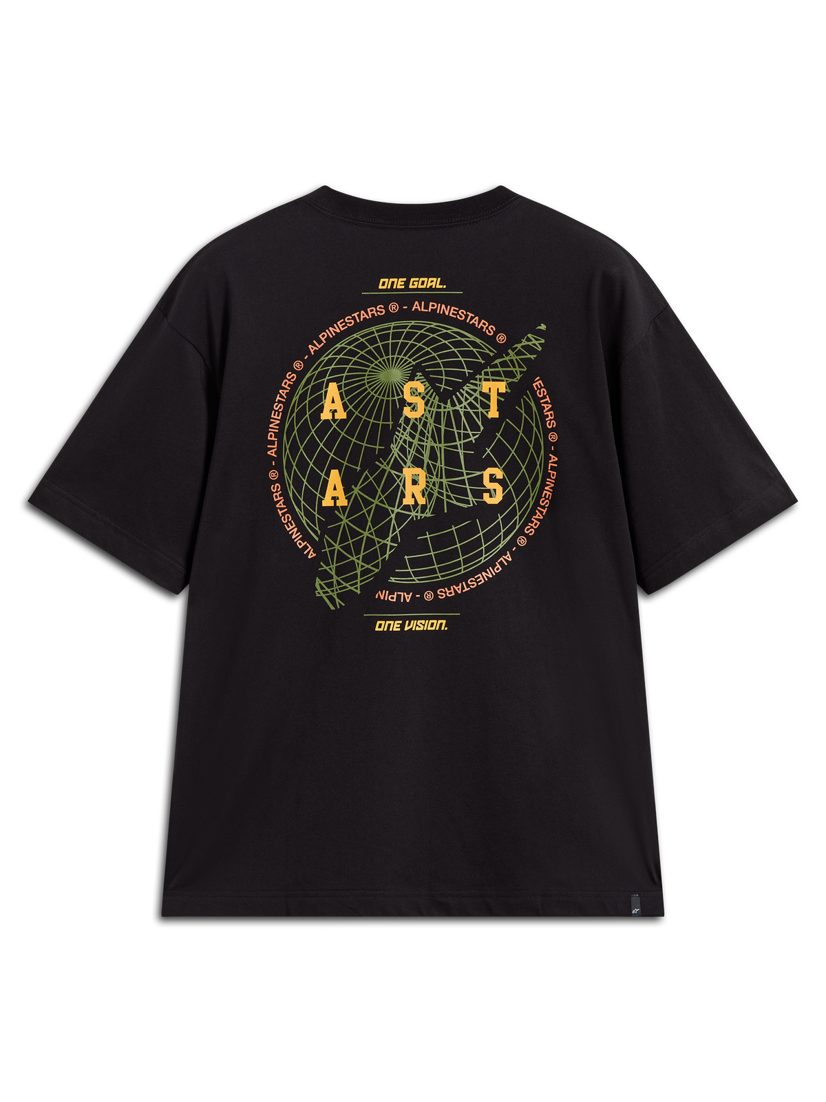 Alpinestars Latitude Oversized CSF Tee, Black shirt with green globe and yellow ASTARS logo back graphic and brand motto.