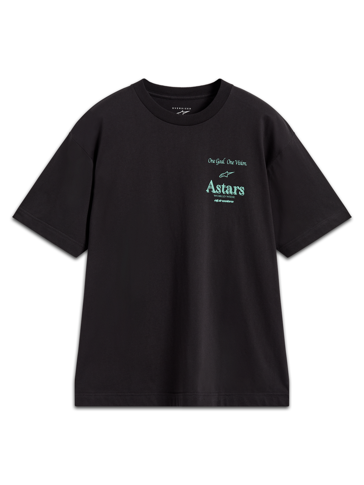 Alpinestars Post Oversized CSF Tee, zwart t-shirt met korte mouwen, voorzien van teal Astars-logo en One Goal One Vision-slogan.