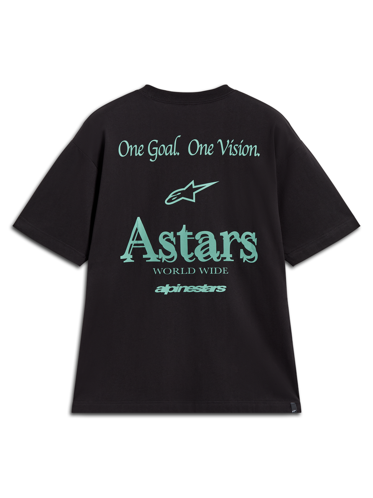 Alpinestars Post Oversized CSF Tee, oversized zwart t-shirt met blauwgroene One Goal One Vision en Astars graphics op de rug.