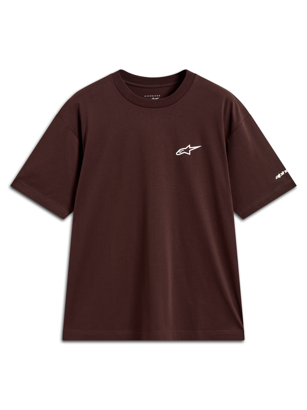 Alpinestars Mandate Oversized CSF T-shirt, bruin lifestyle sportswear shirt met korte mouwen, wit Astars-logo puff print op de borst en merknaam op de mouw, oversized pasvorm.