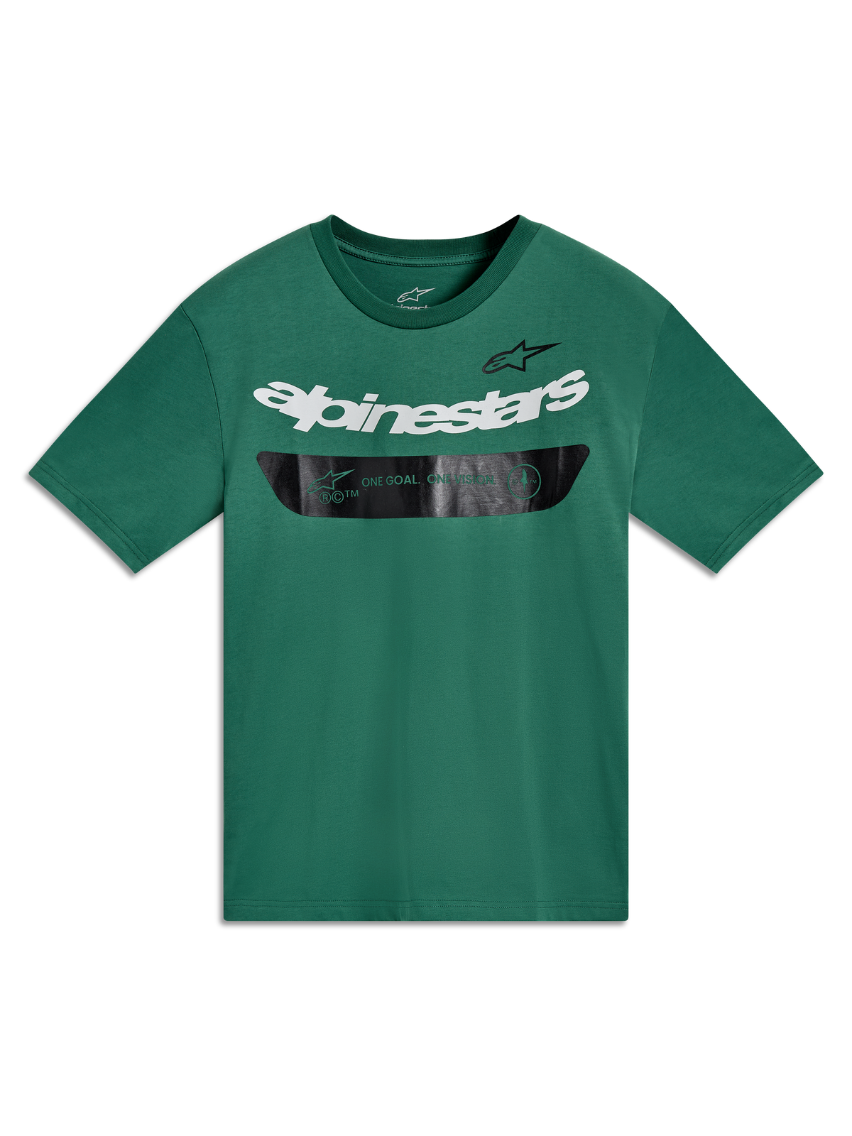 Alpinestars Singular CSF T-shirt met korte mouwen, groen met gebogen wit woordmerk en zwarte grafische band, casual sportswear.