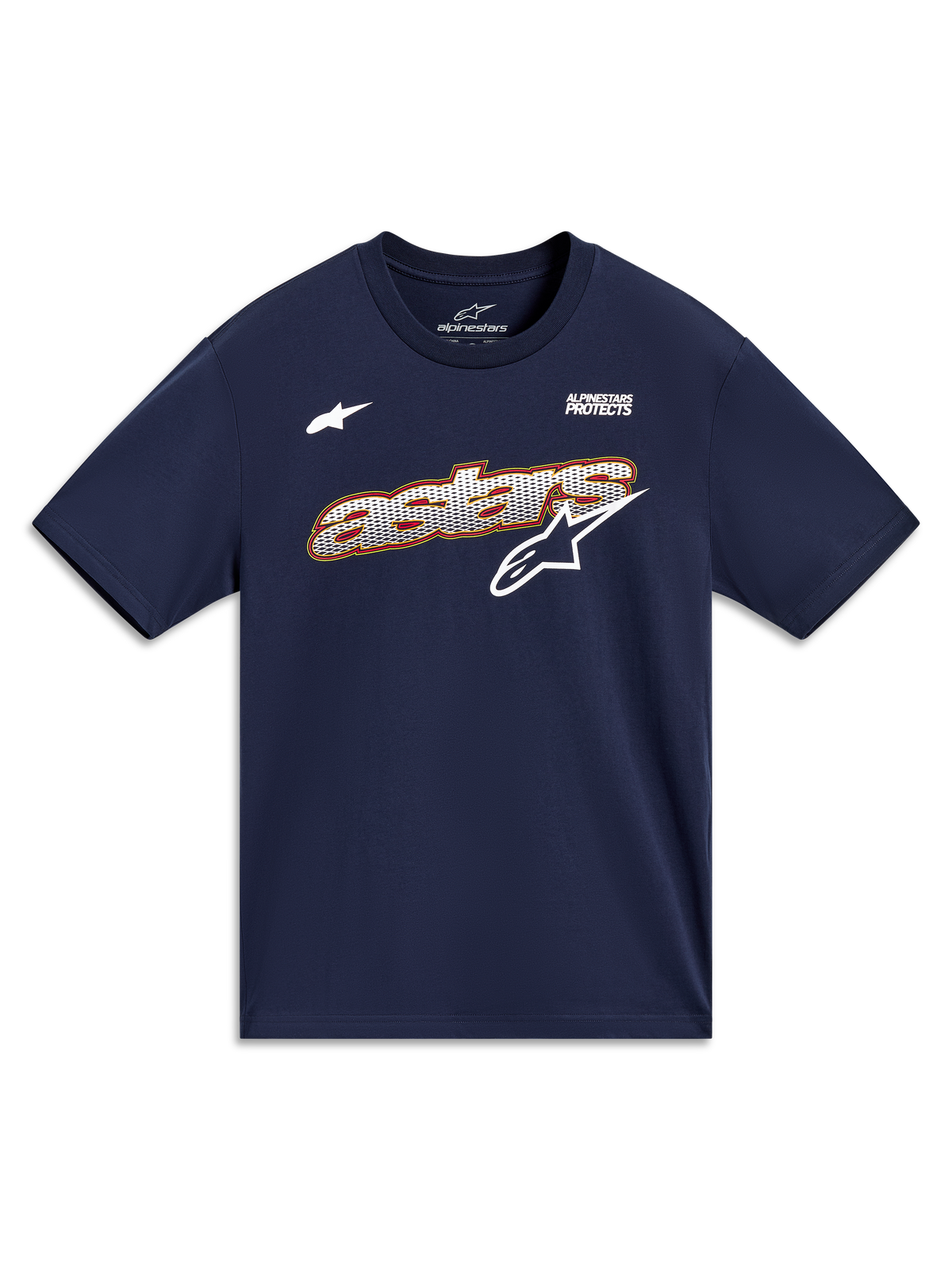 Alpinestars Cypress CSF T-shirt, sportswear T-shirt met korte mouwen, donkerblauw, voorzien van Astars-grafisch ontwerp met mesh-vulling en het Alpinestars Protects-motto.