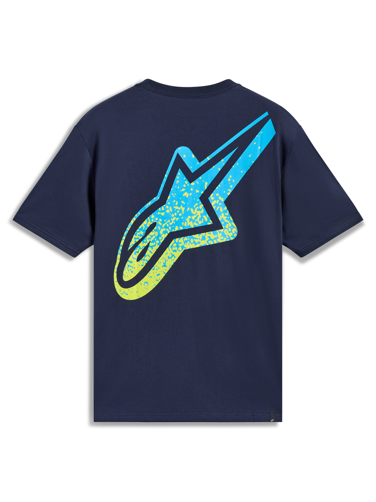 Alpinestars Meteor CSF Tee, blauw T-shirt met korte mouwen en een groot geel-blauw Astars-logo met MX-kleurovergang.