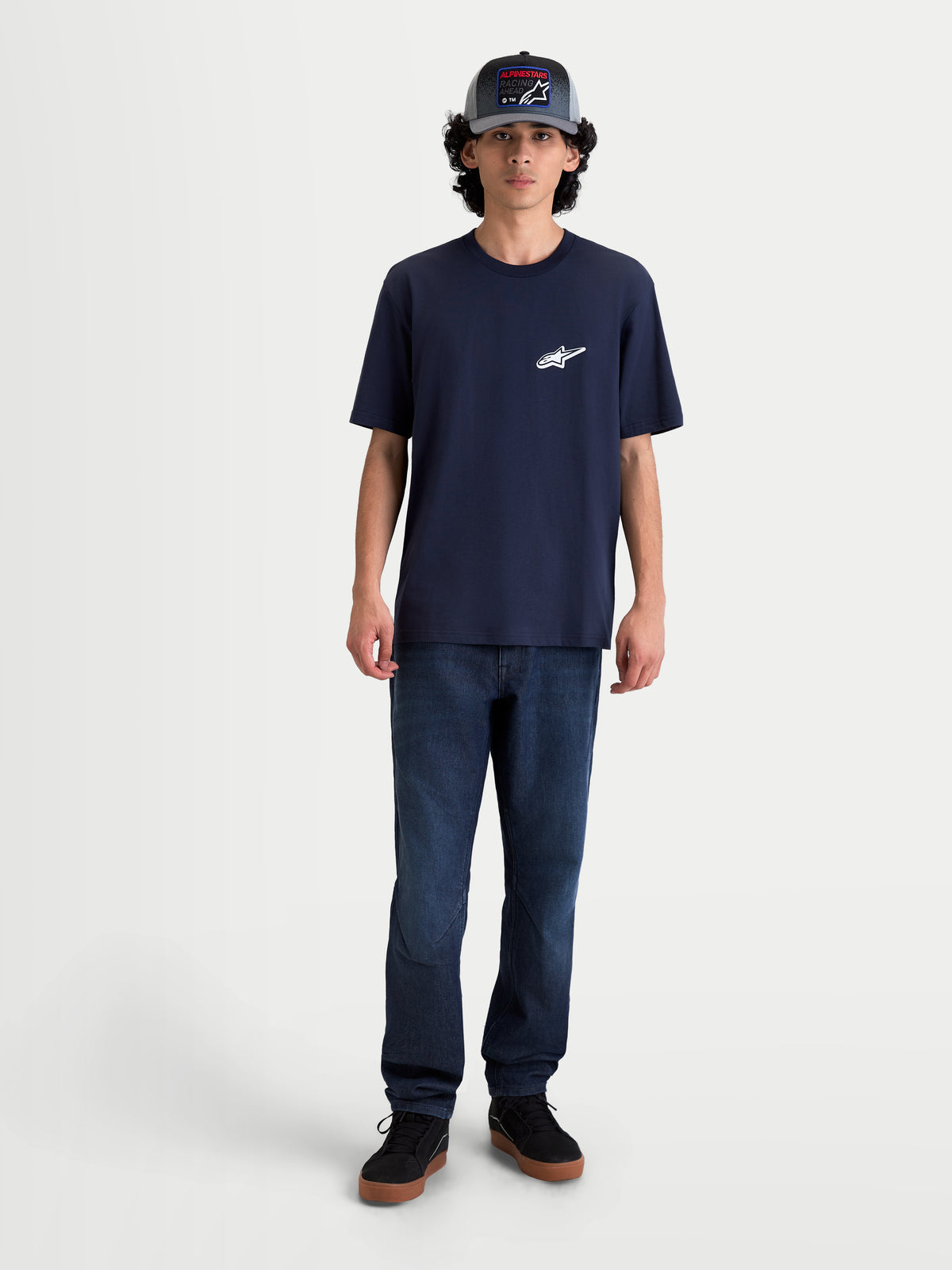 Alpinestars Meteor CSF t-shirt, heren sportswear t-shirt met korte mouwen in marineblauw, voorzien van wit Astars-logo op de borst, zachte katoen-polyestermix, casual motorsport-geïnspireerde lifestyle kleding.