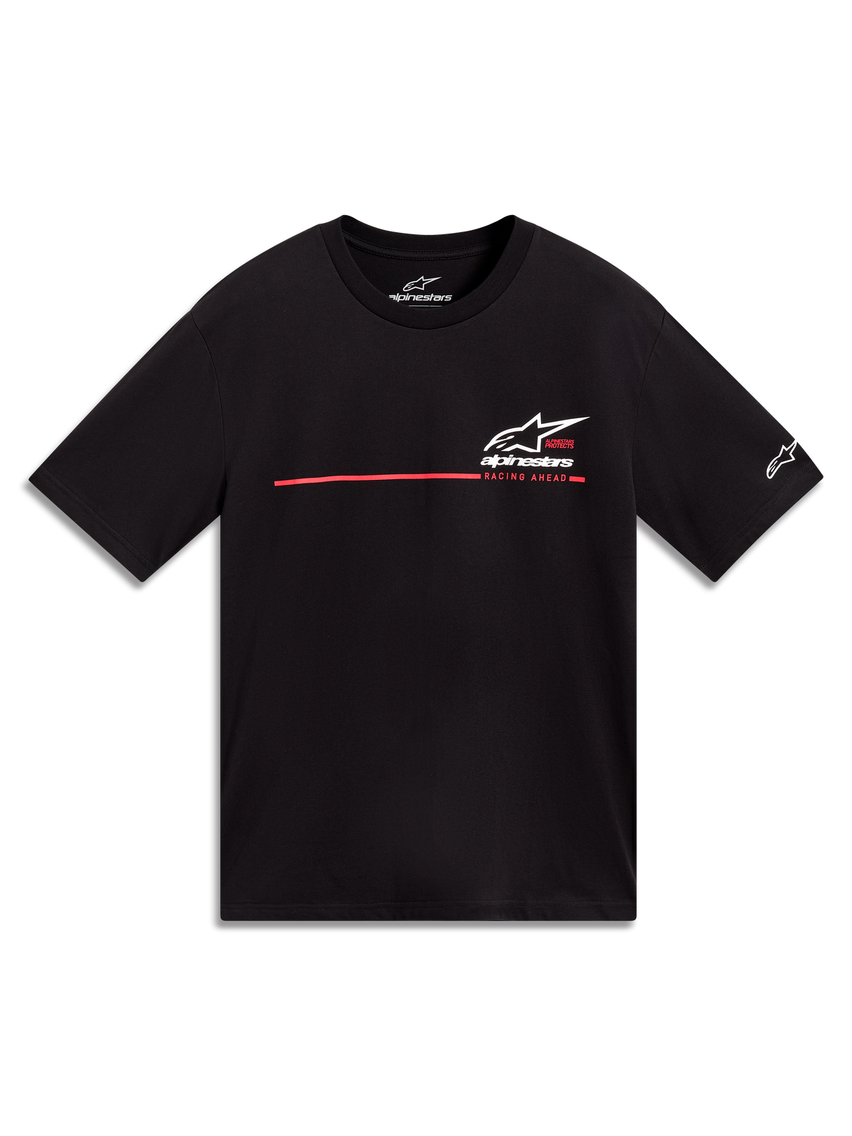 Alpinestars P1 CSF t-shirt met korte mouwen, zwart, wit Astars-logo en rode racing streep, sportswear.