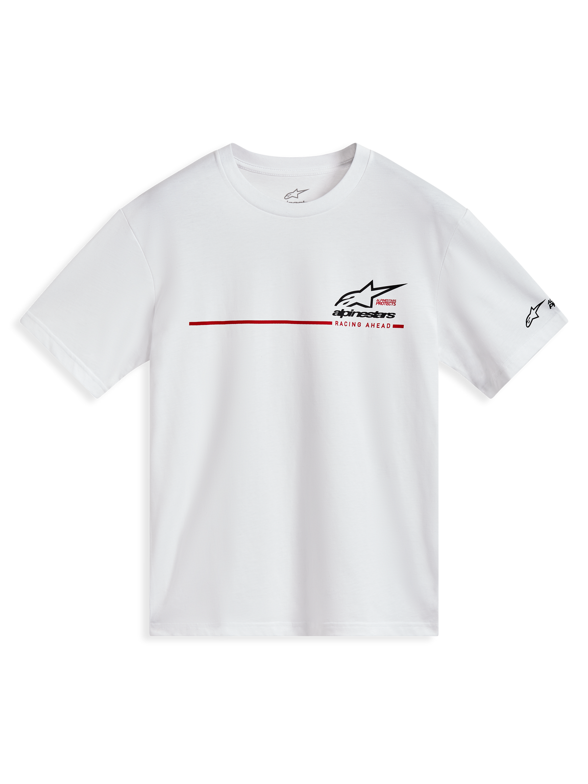 Alpinestars P1 CSF T-shirt met korte mouwen, wit sportshirt met een rode racestreep en zwart Astars-logo.