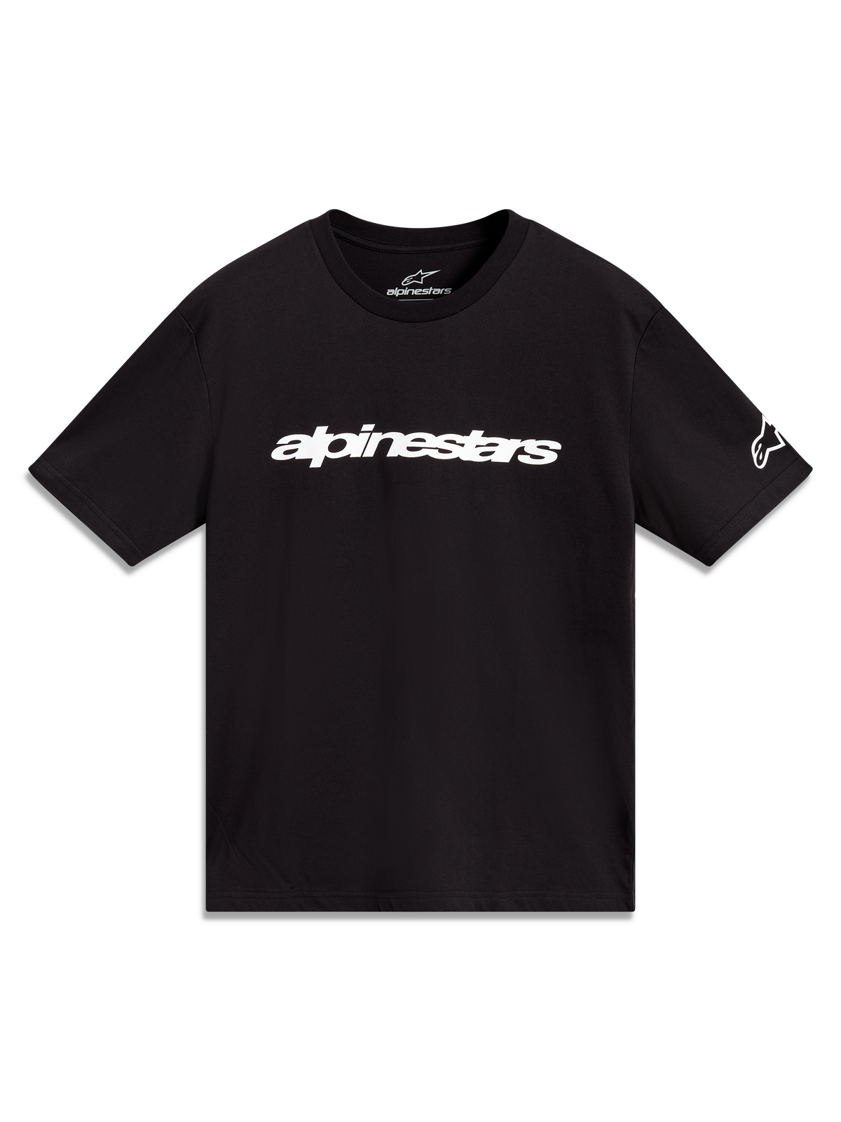 Alpinestars Race Wordmark CSF t-shirt, zwart sportshirt met korte mouwen, voorzien van wit lineair logo en mouwlogo.