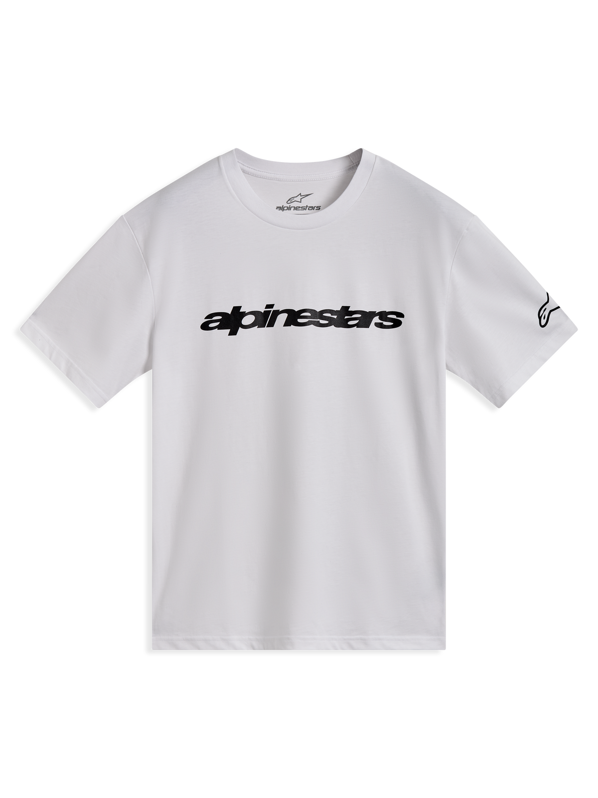 Alpinestars Race Wordmark CSF t-shirt, wit met korte mouwen, zwart lineair logo en ageless-mouwlogo, sportswear.