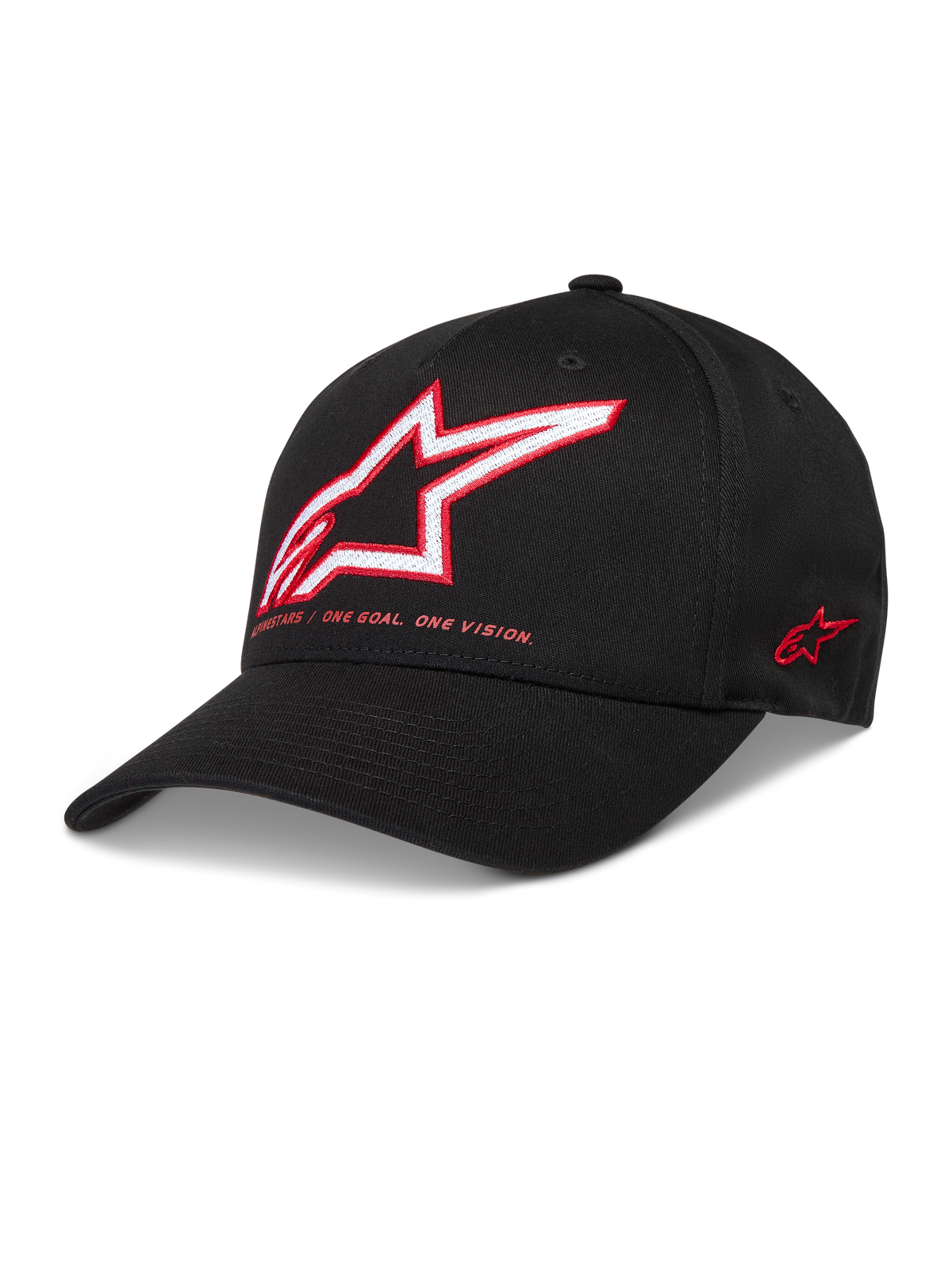 Alpinestars Lineout Pet, zwarte gestructureerde honkbalpet van keperstof met gebogen klep en rood-wit Astars-logo borduursel.