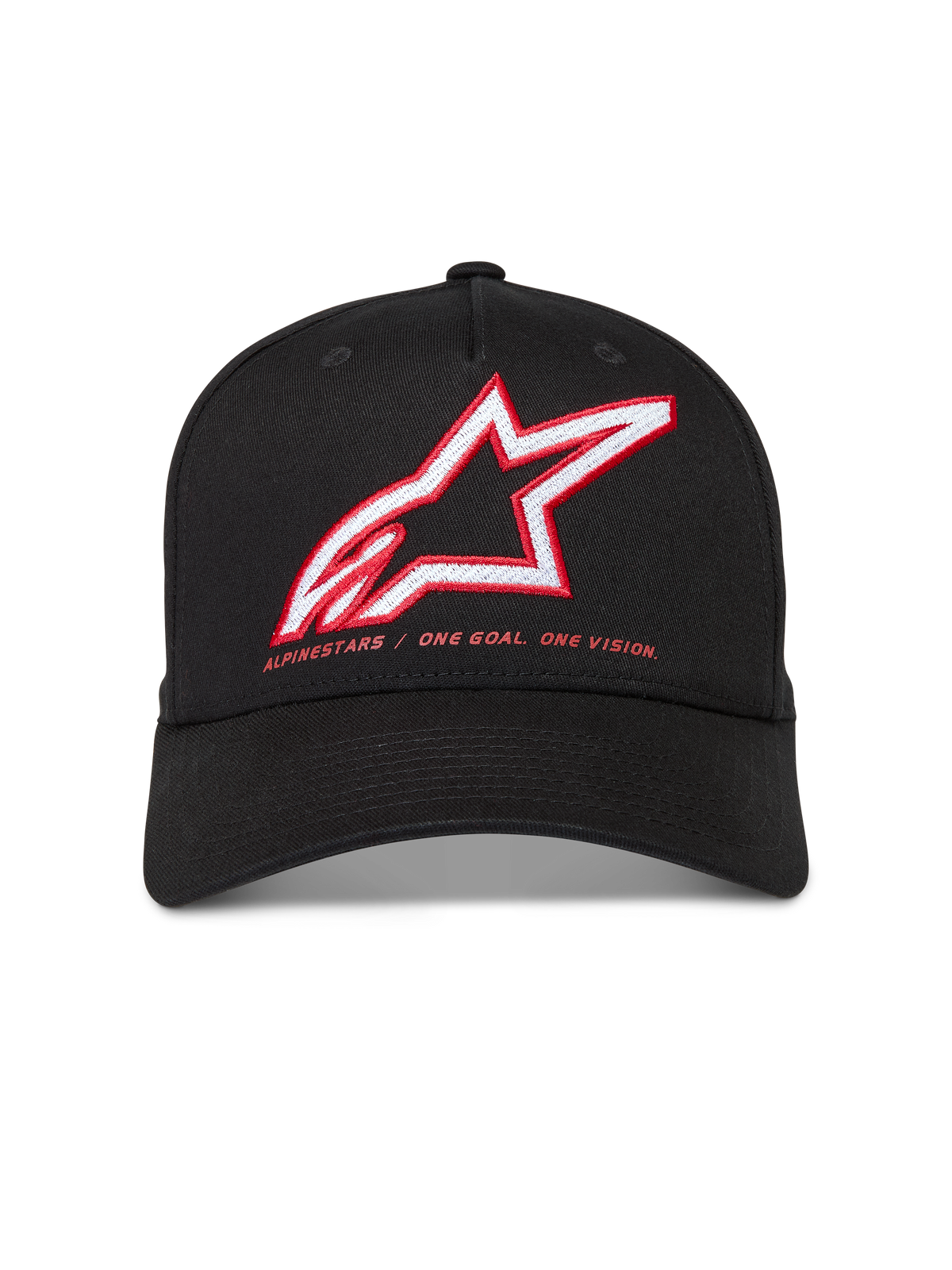 Alpinestars Lineout pet, zwarte gestructureerde pet van keperstof met gebogen klep, rood en wit geborduurd Astars-logo.
