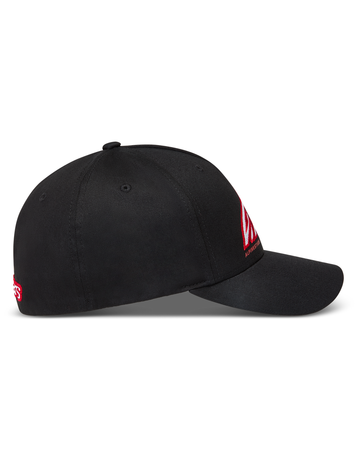 Alpinestars Lineout hoed, zwarte pet met gebogen klep en rood-wit logo-borduring, gestructureerde kroon van keperstof.