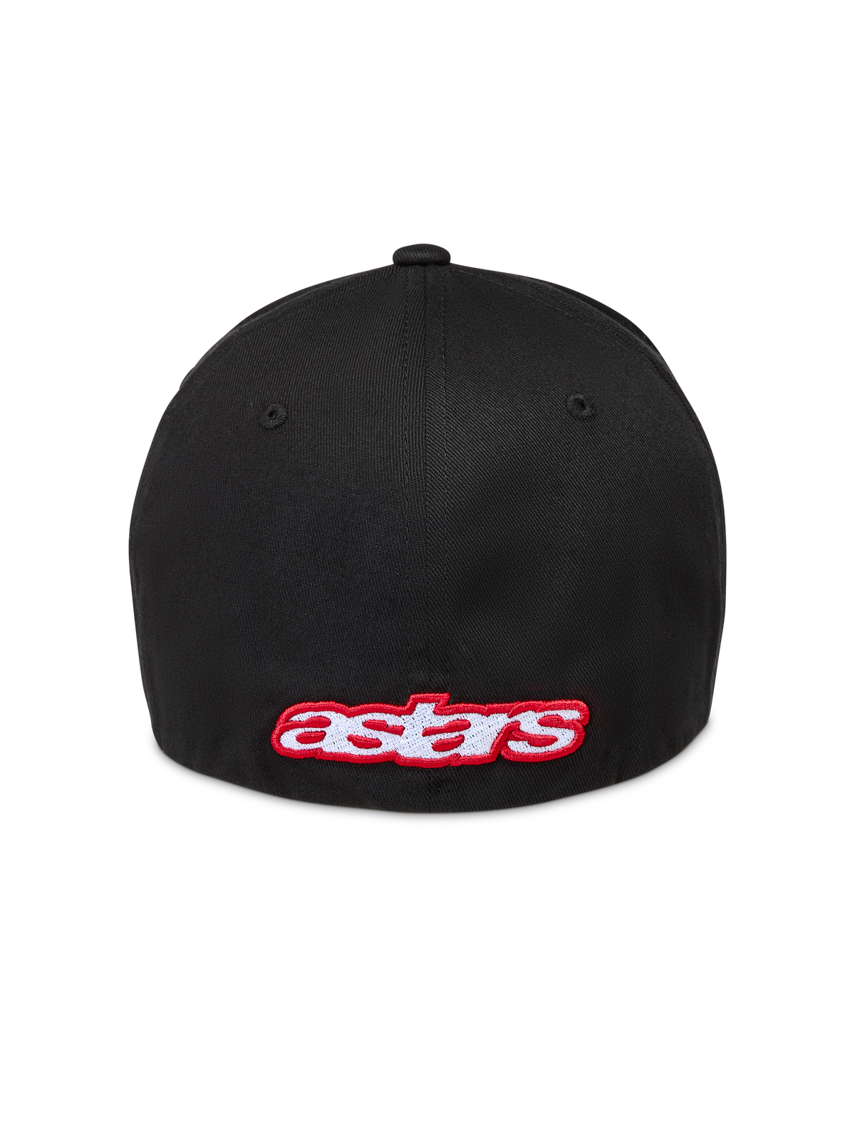 Alpinestars Lineout pet, zwarte sportswearpet van keperstof met rood en wit geborduurd Astars logo op de achterkant, flexibele pasvorm