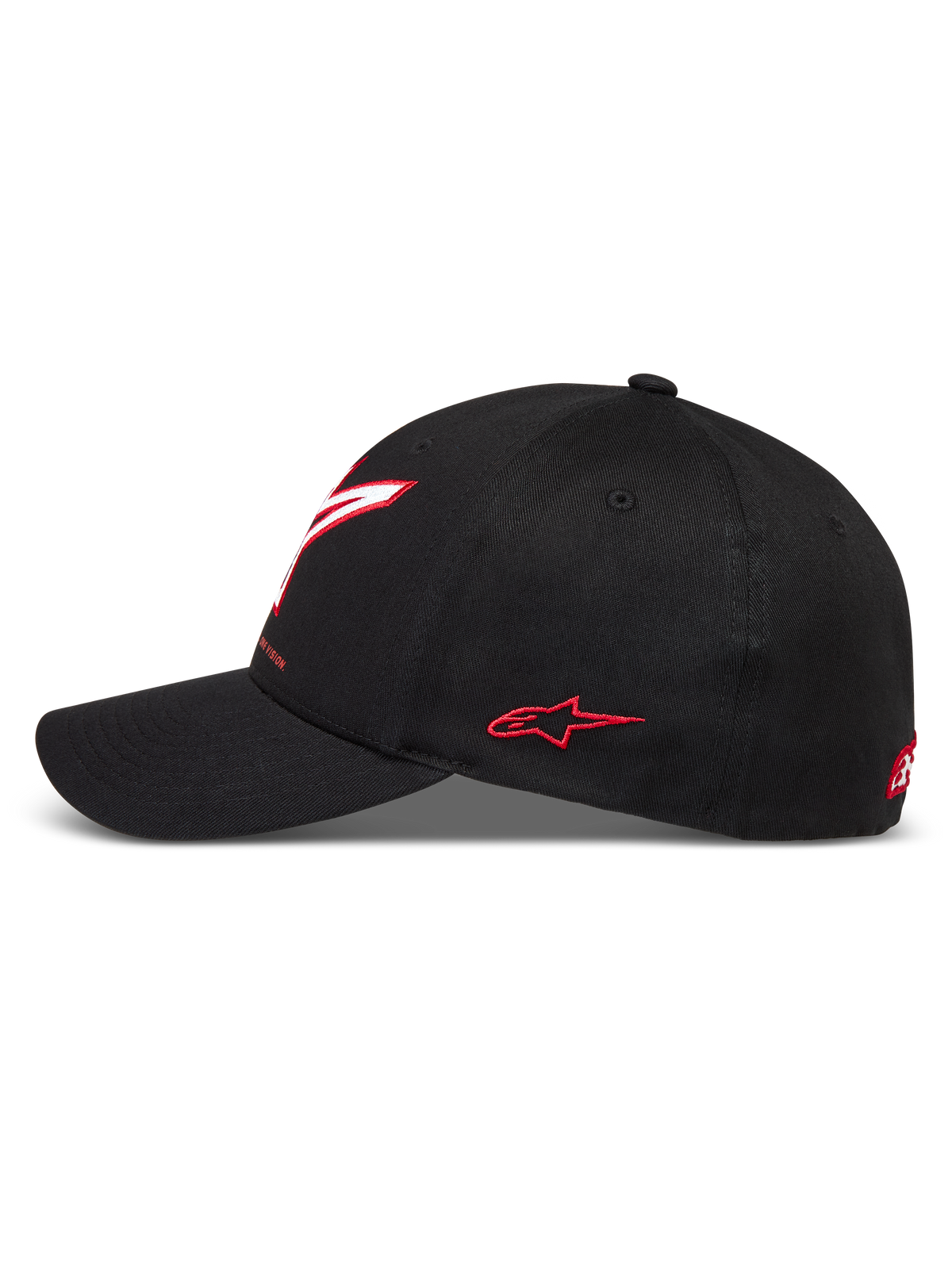 Alpinestars Lineout pet, zwarte motorsportpet van keperstof met gebogen klep en rood-witte geborduurde logo's.