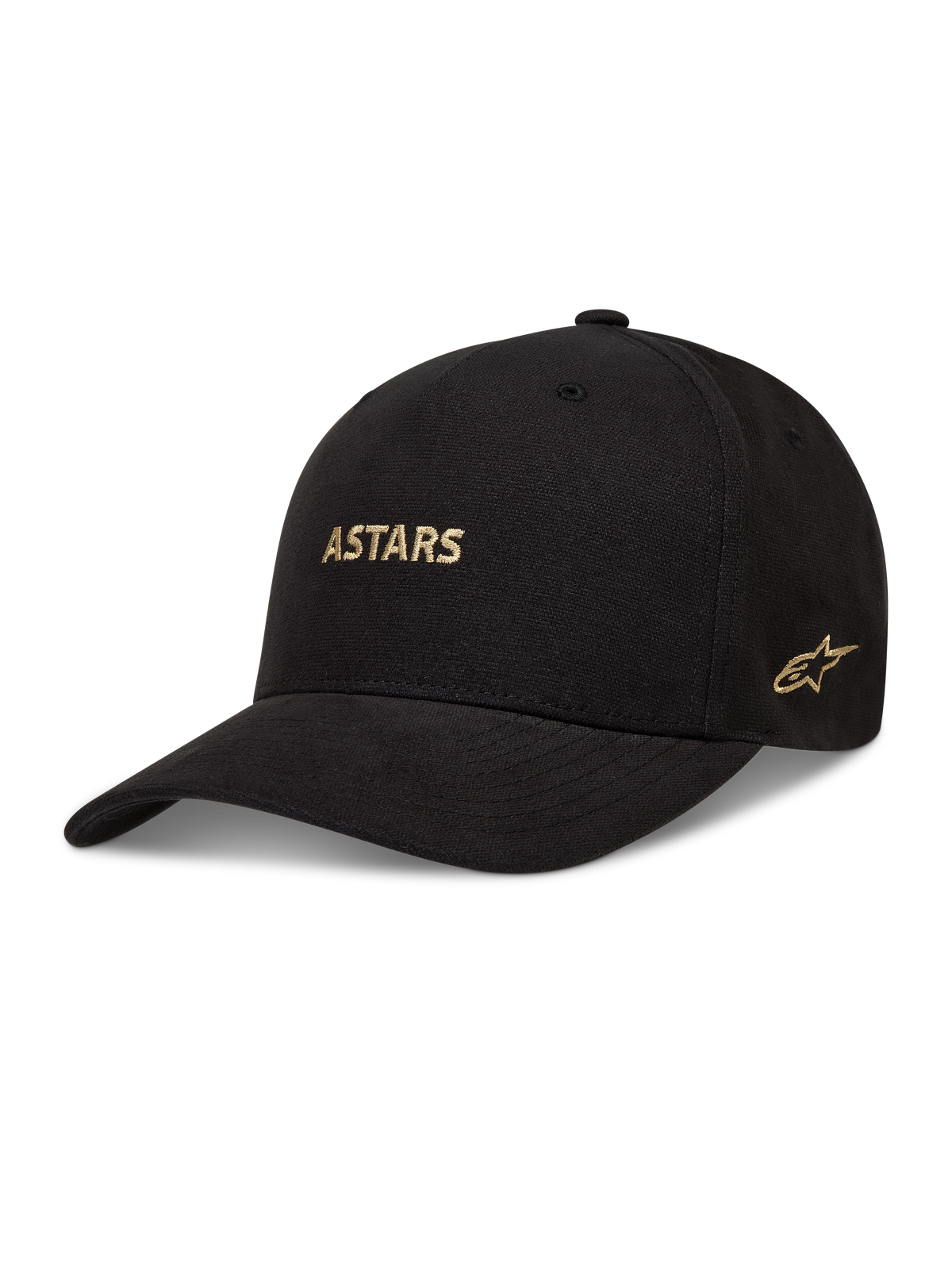 Alpinestars County Canvas hoed, zwarte sportswearpet met gestructureerde kroon, gebogen klep en goud geborduurd Astars-logo.