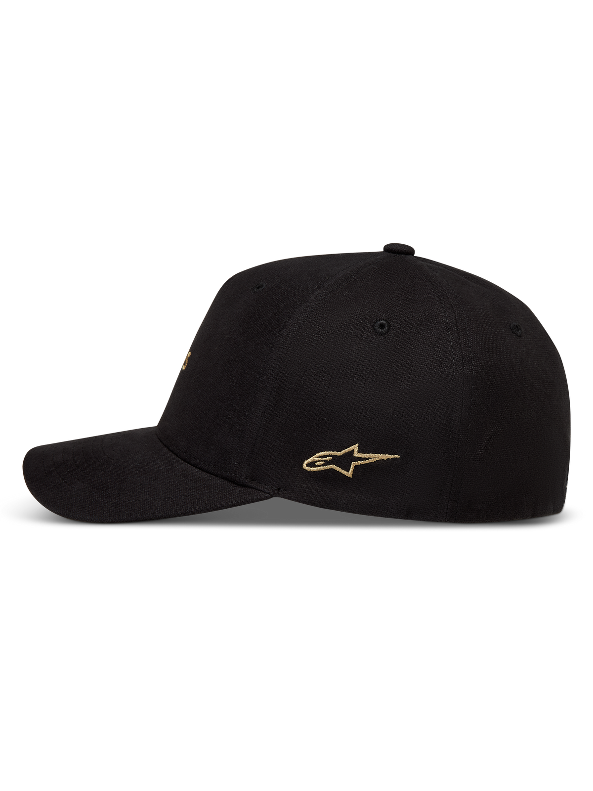 Alpinestars County Canvas Hoed, zwarte sportswearpet met goud geborduurd sterlogo, gebogen klep en gestructureerde kroon.