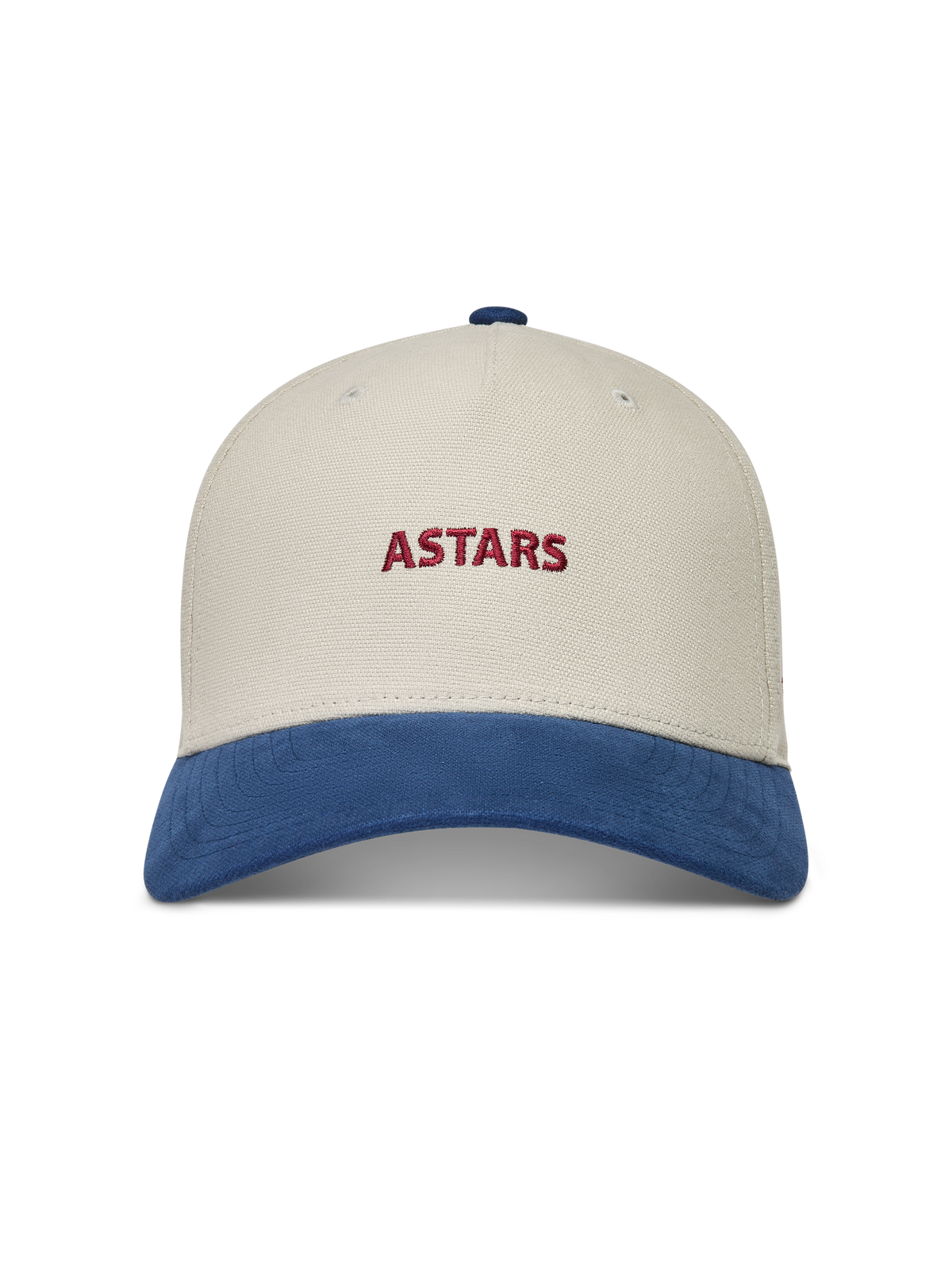 Alpinestars County Canvas hoed, zandkleurige en blauwe sportpet met rood geborduurd logo en gebogen klep.