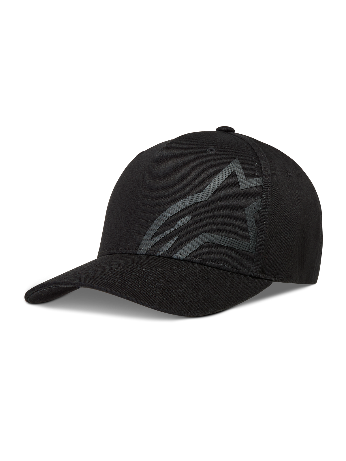 Alpinestars Maze Hoed, zwarte sportswear pet van keperstof met een gestructureerd Astars-logo en gebogen klep.