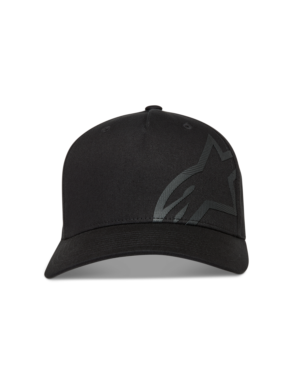 Alpinestars Maze hoed, zwarte sportswearpet met gebogen klep en groot getextureerd Astars-logo van keperstof.