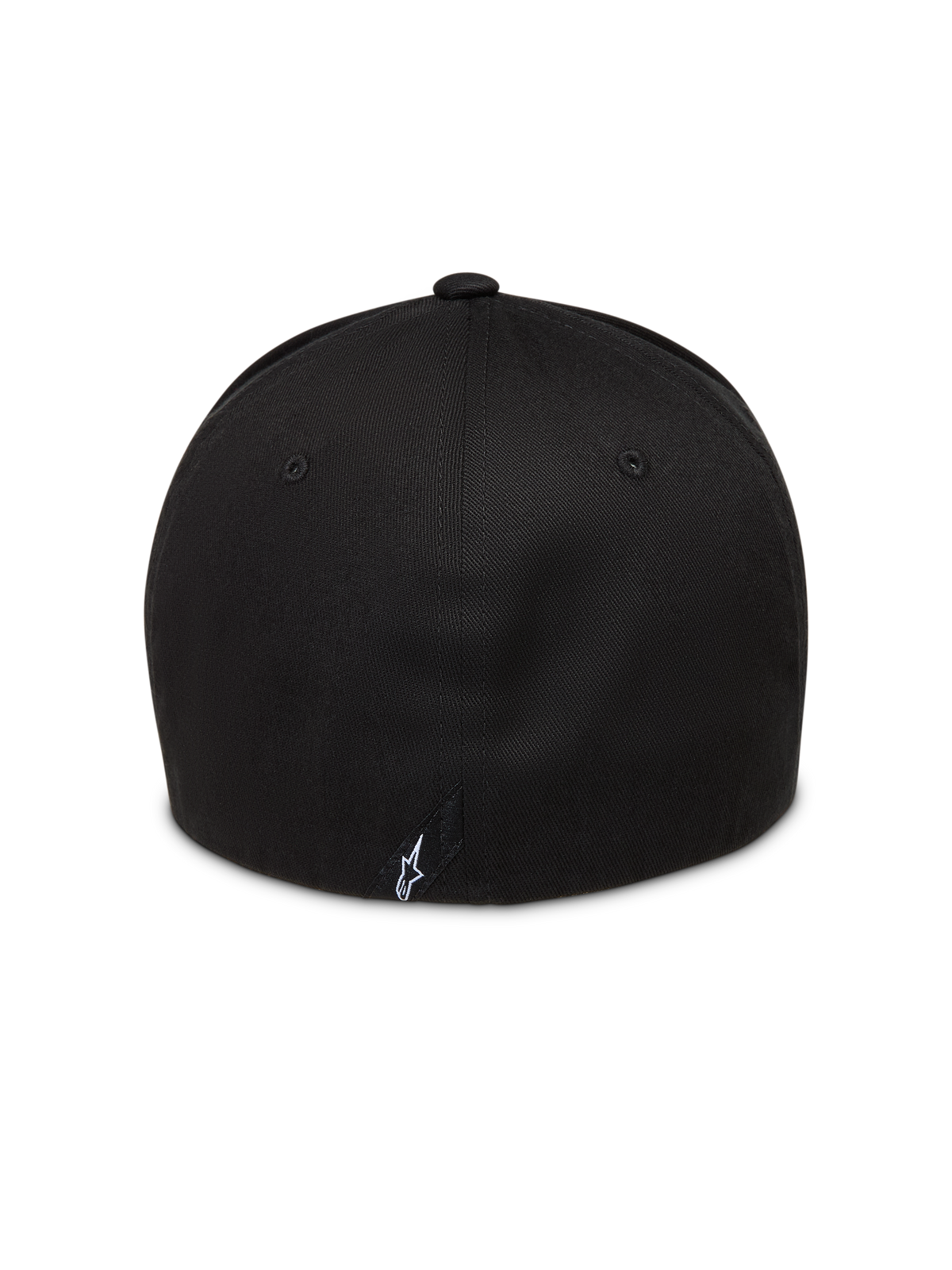 Alpinestars Maze hoed, zwarte flex-back pet voor sportswear, keperstof, met logo-detail op de achterzijde.