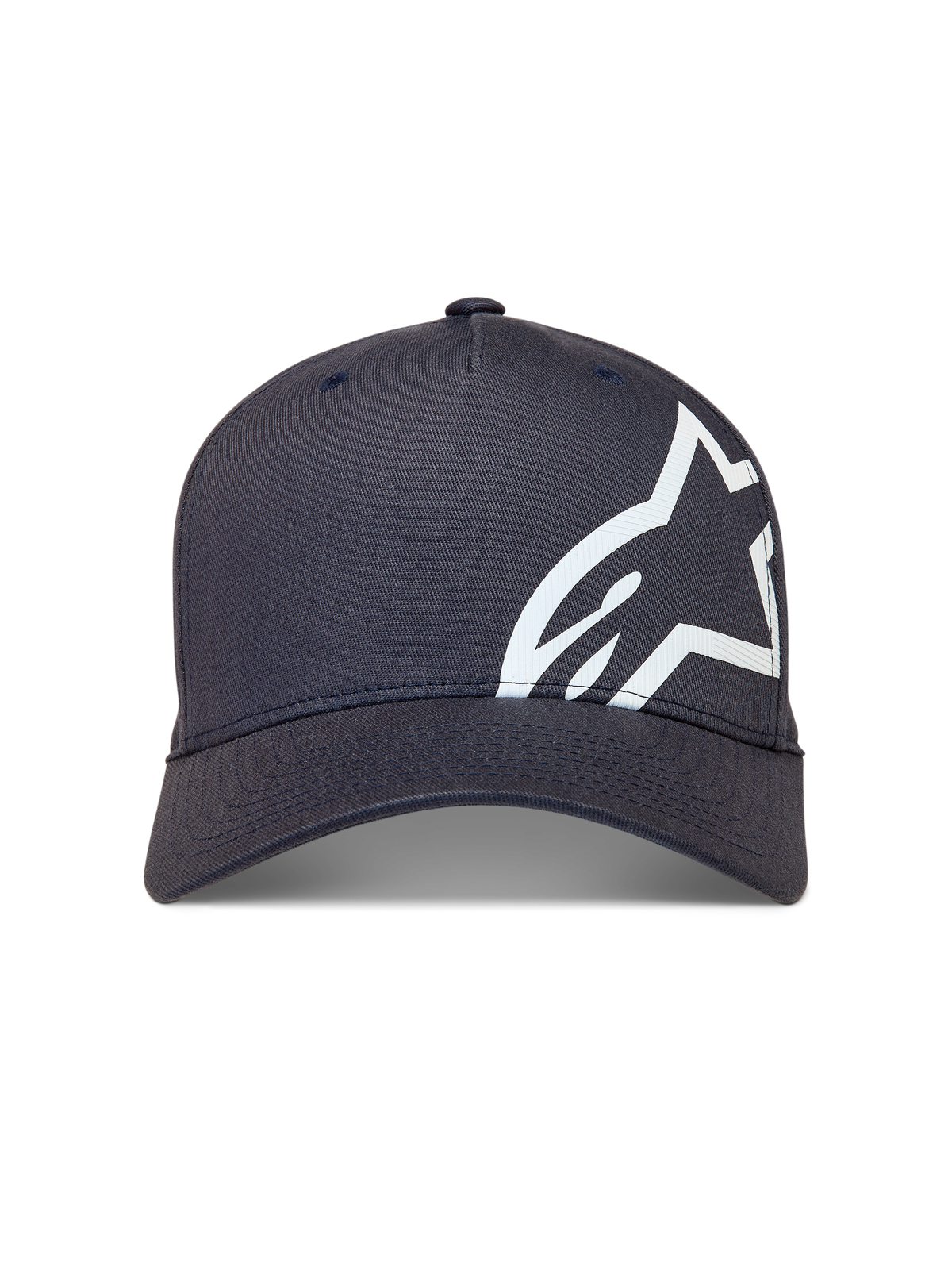 Alpinestars Maze hoed, donkergrijze sportswear baseballpet met gebogen klep en groot wit getextureerd Astars-logo.