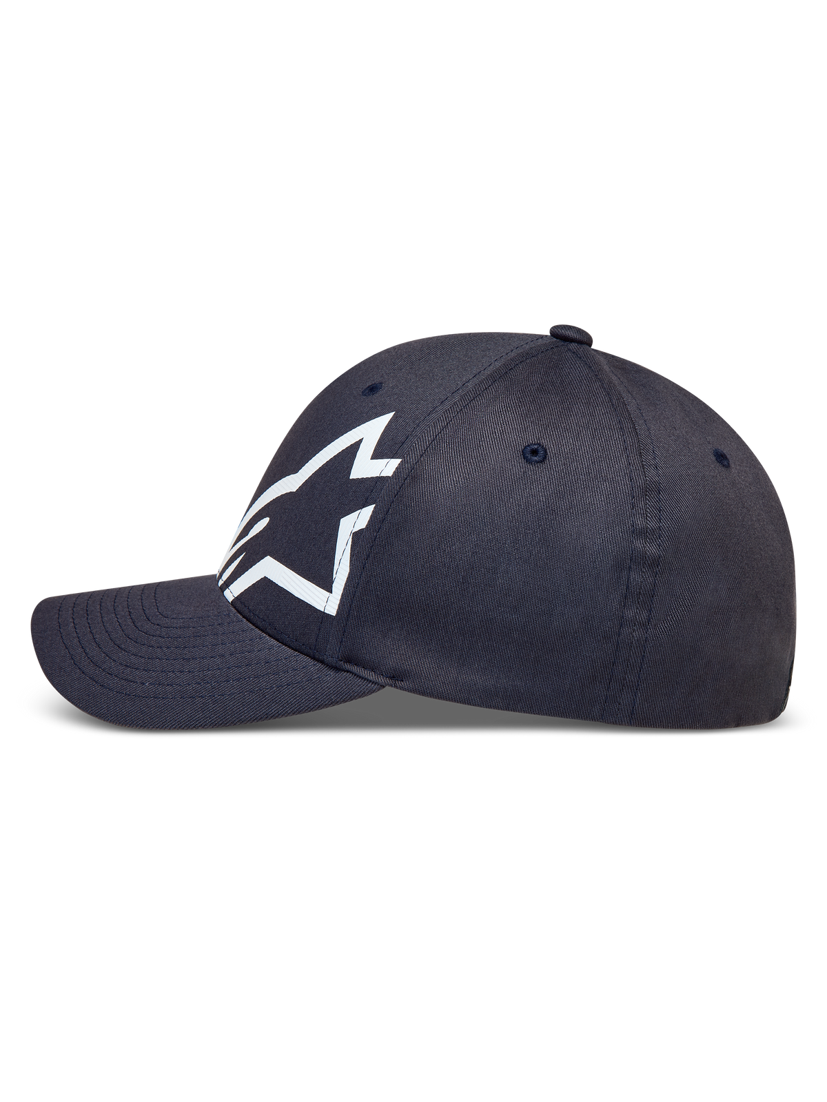 Alpinestars Maze hoed, donkergrijze sportpet van keperstof met gebogen klep en wit getextureerd Astars-logo.