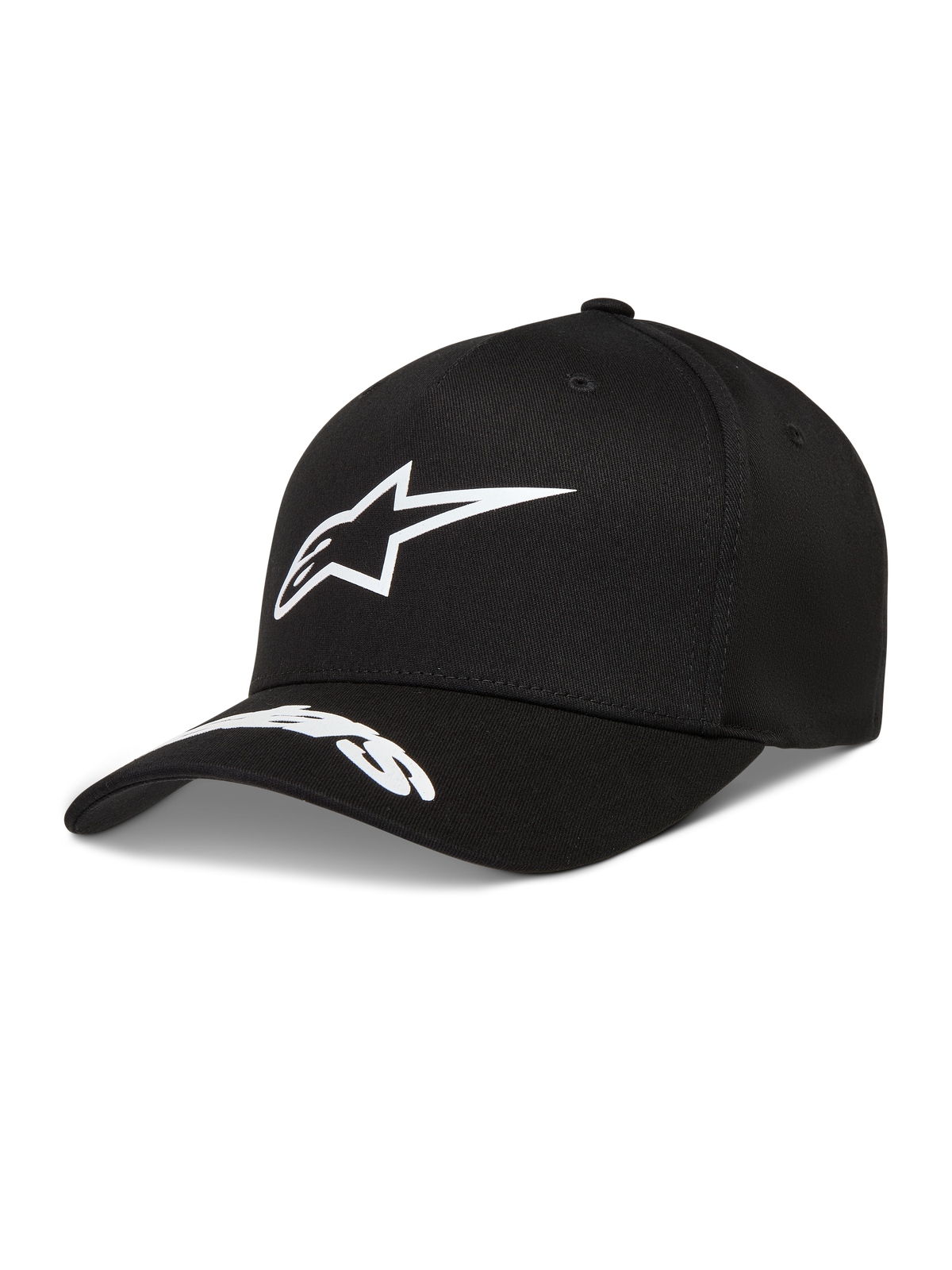 Alpinestars Arclight Hat, black twill cap with white puff print logo and word logo on the curved bill.