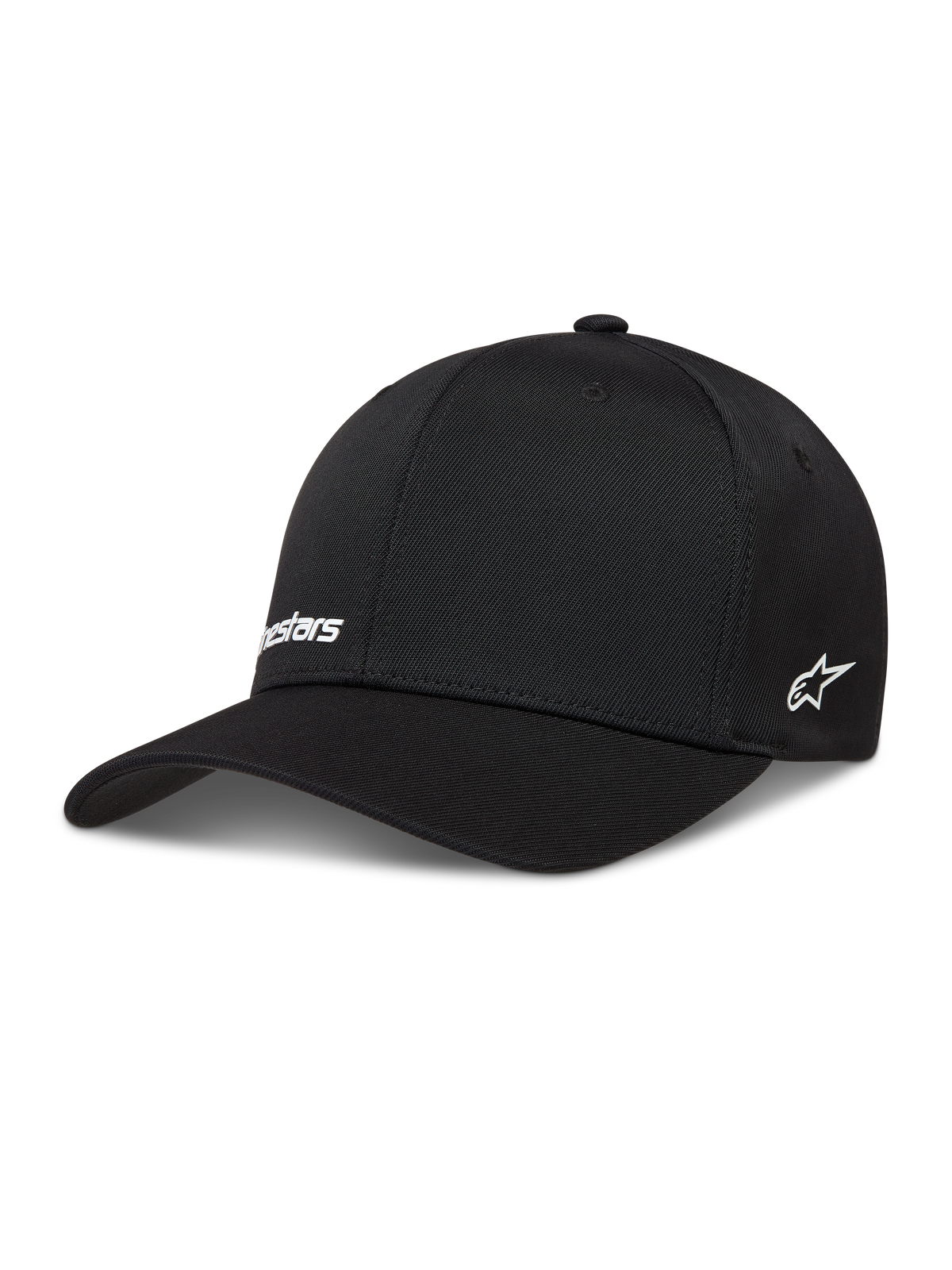Alpinestars Points hoed, zwarte nylon tactel sportpet met witte HD-print logo's en een flexibele achterkant.