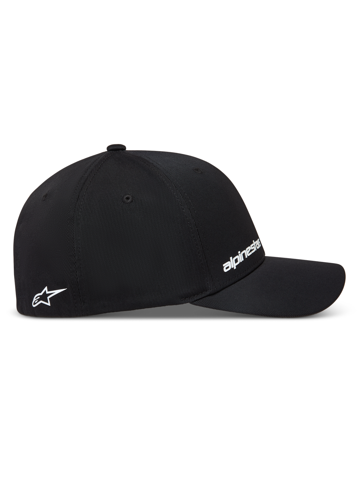 Alpinestars Points hoed, zwarte baseballpet van nylon tactel met flex-fit pasvorm en witte HD-print logo's.