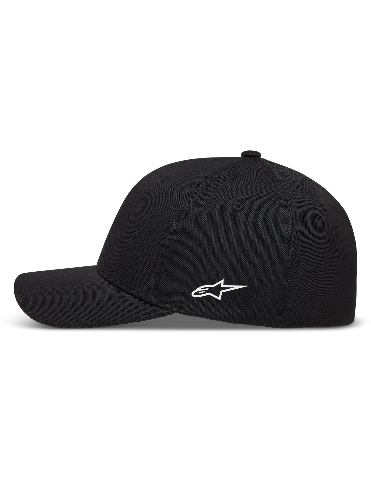 Alpinestars Points hoed, zwarte baseballpet met wit HD-printlogo aan de zijkant en gebogen klep, van nylon tactel.