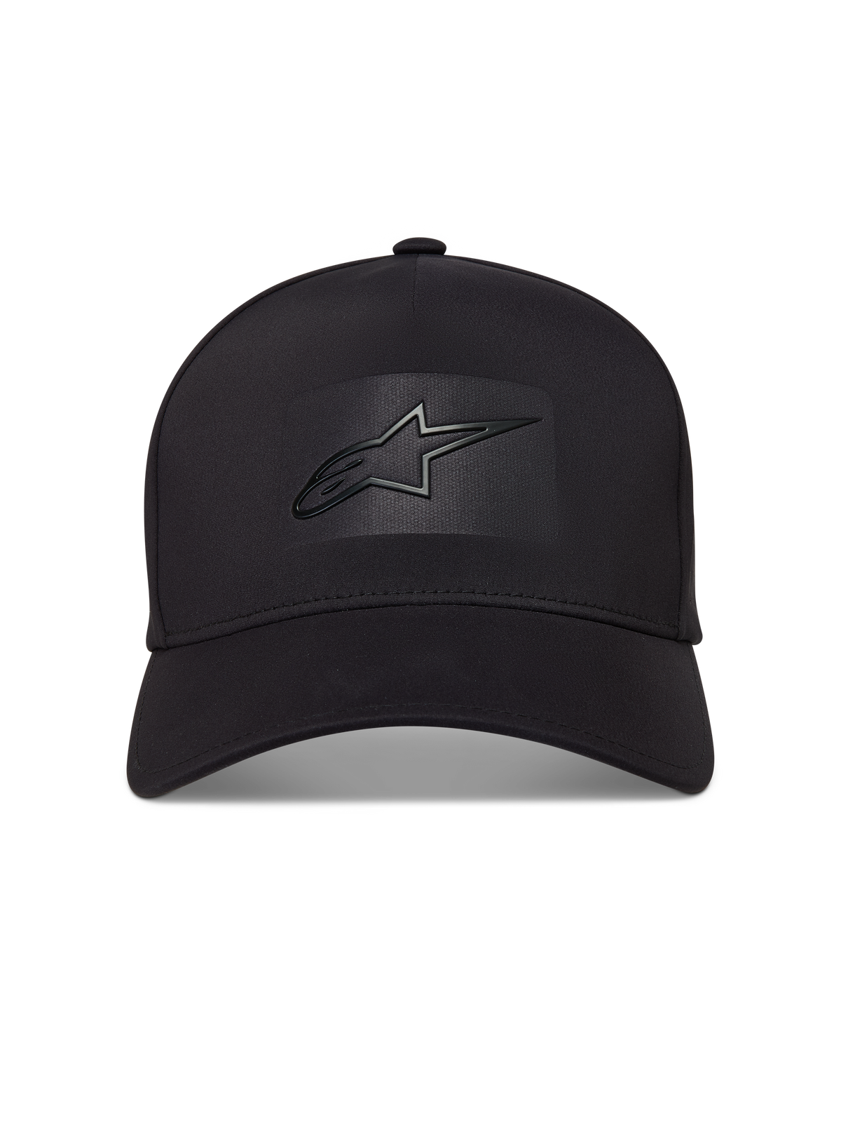 Alpinestars Algo Perf Adjustable Hat, black sportswear cap with curved bill, structured crown, and sonic weld Astars logo.