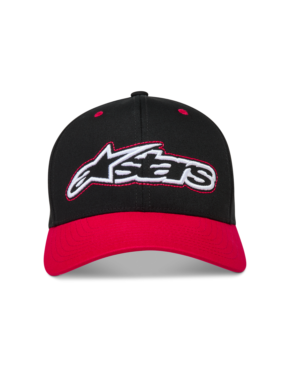 Alpinestars Retro Snapback hoed, zwarte en rode sportpet met gebogen klep en geborduurd Astars-logo, casual sportswear.