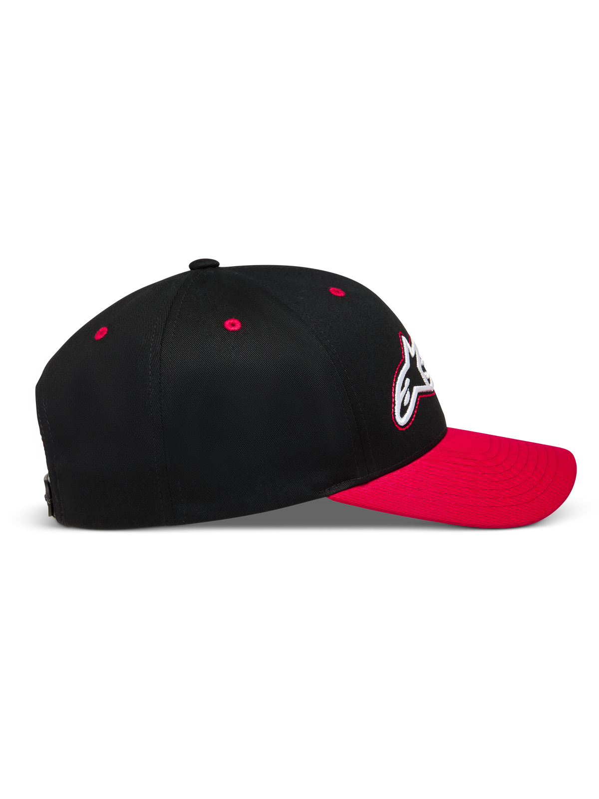 Alpinestars Retro Snapback Hoed, zwarte en rode sportpet met gebogen klep en gestructureerde kroon van keperstof.