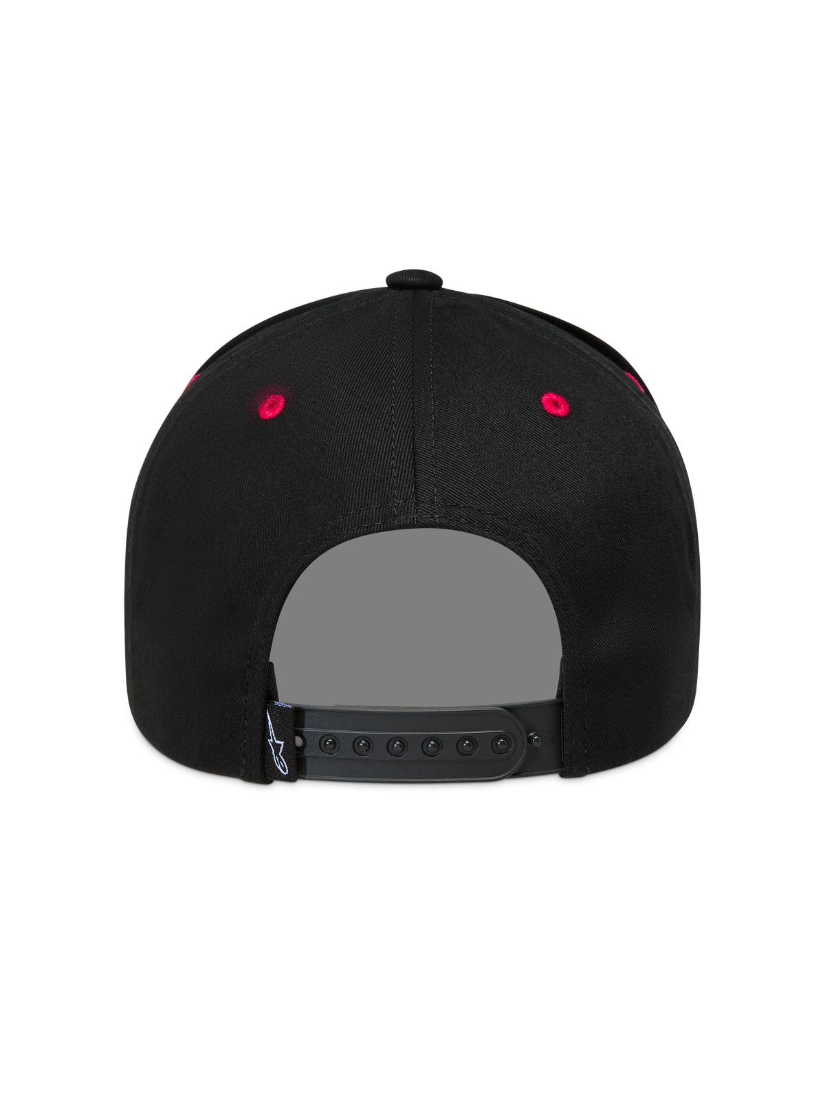 Alpinestars Retro Snapback hoed, zwarte sportswear pet, achteraanzicht met verstelbare snapback-sluiting en rode oogjes.
