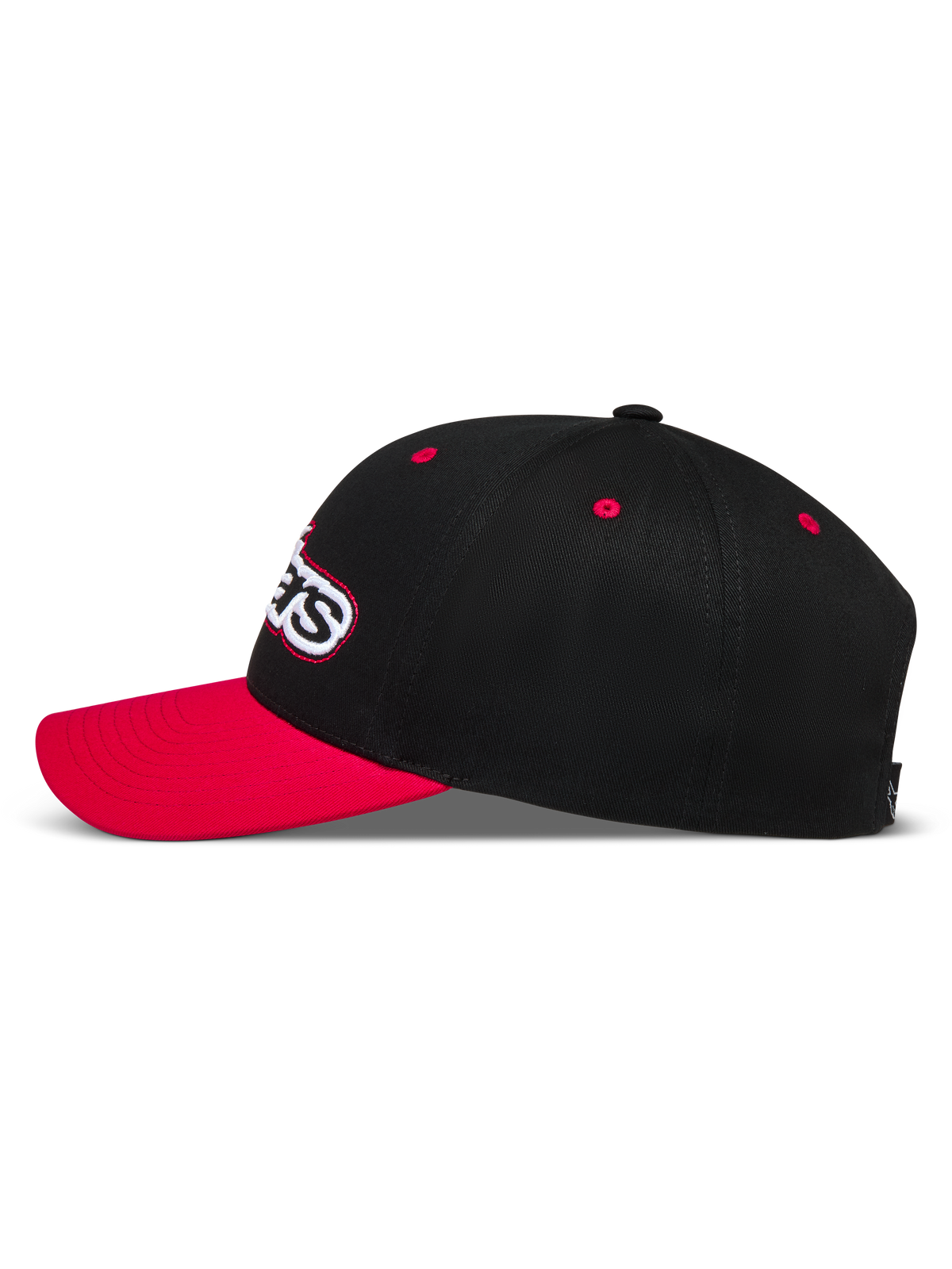 Alpinestars Retro Snapback Hoed, zwarte en rode sportswear pet met gebogen klep en gestructureerde kroon van keperstof.