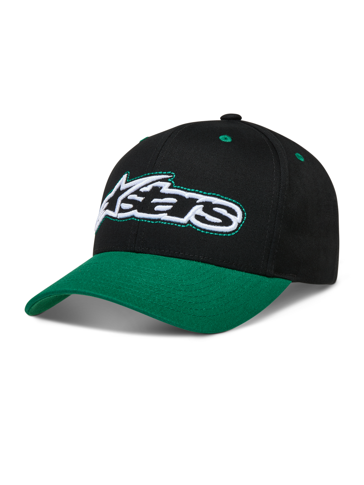 Alpinestars Retro Snapback hoed, zwart en groen, gebogen klep, gestructureerde kroon, geborduurd Astars-logo.